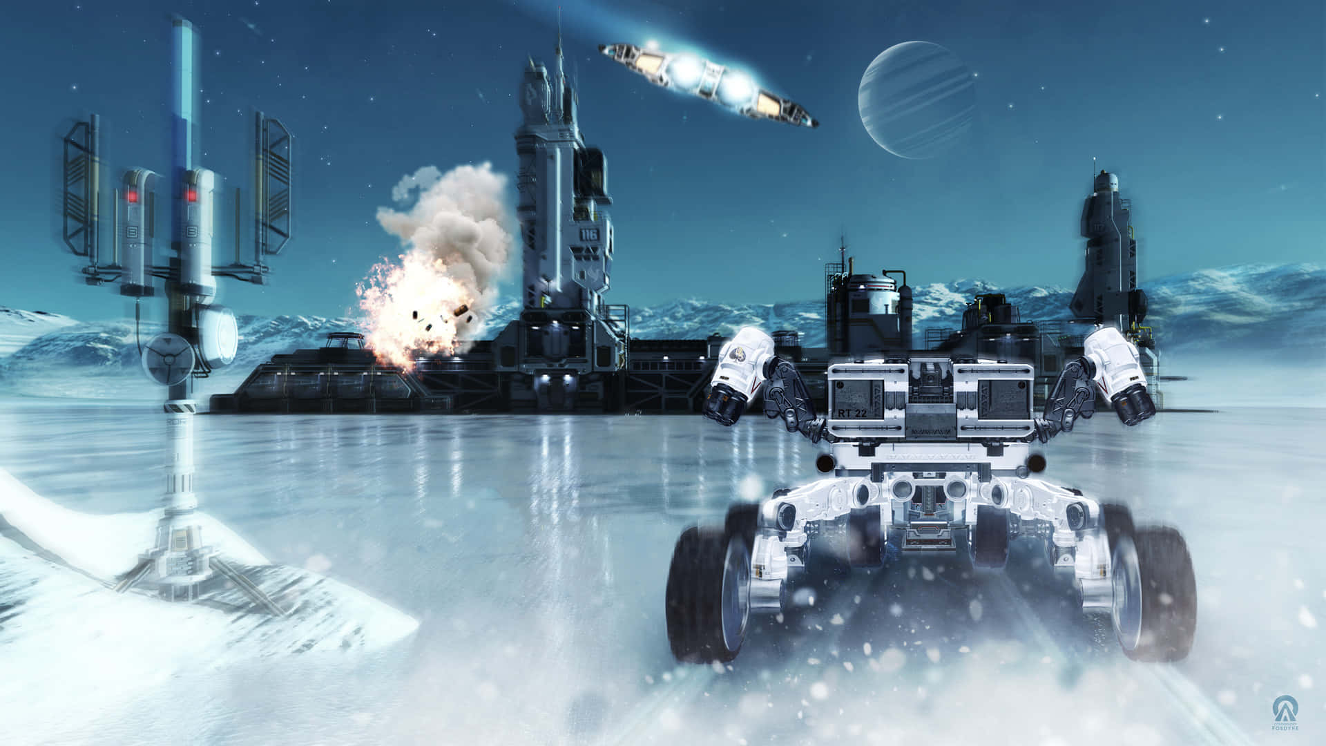 Interstellar Travel 桌布 壁紙 — 一架未來風格的探測車在雪地外星景觀中疾馳，一艘太空船在遠處月球附近飛過。