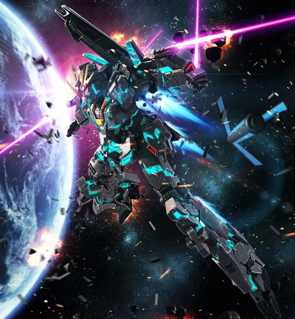 Gundam Unicorn 桌布 壁紙 — 一架未來風格的機甲在太空與行星附近戰鬥，發出藍色和紫色的發光能量光束。
