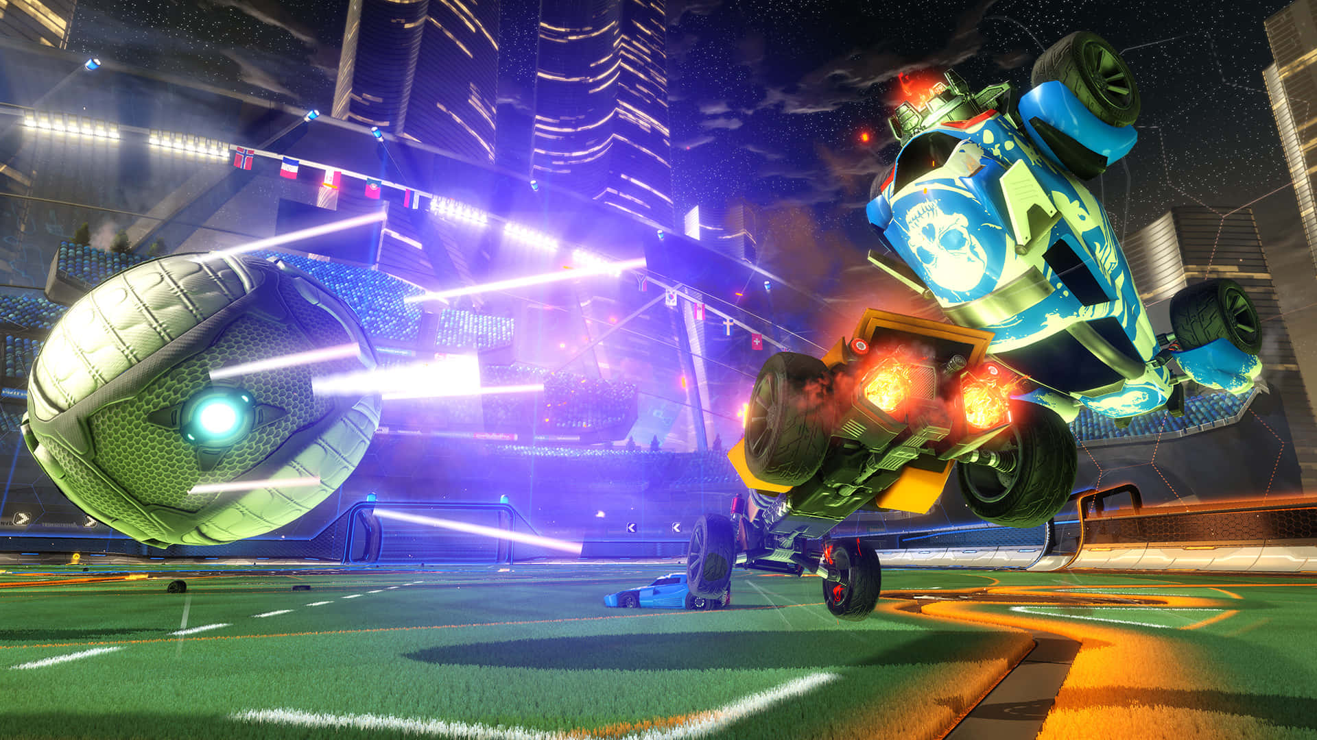Rocket League Art 桌布 壁紙 — 一架未來風格的藍色賽車在霓虹燈照亮的體育場場地上空翻轉，旁邊有一個巨大的發光足球正在滾動。