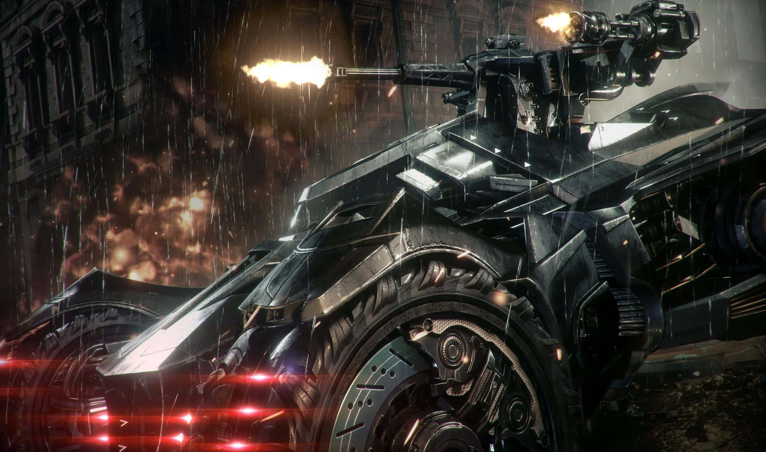 2440x1440 Batman Arkham City 桌布 壁紙 — 一架未來風格的裝甲蝙蝠車在傾盆大雨中向燃燒的城市背景開火。