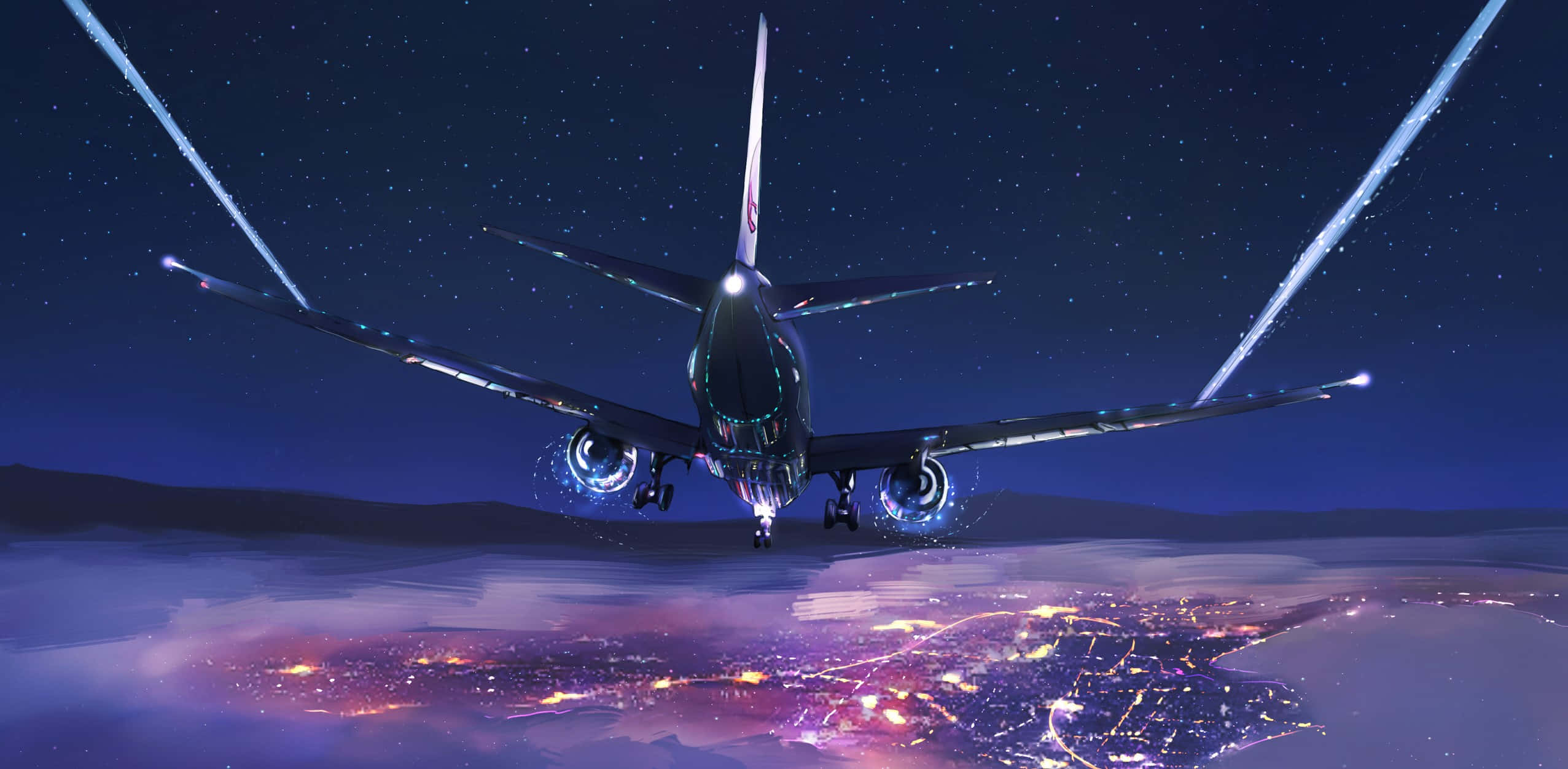 1440p Plane 桌布 壁紙 — 一架未來風格的飛機在夜晚降臨於發光的城市上空，伴隨著星空和光跡。