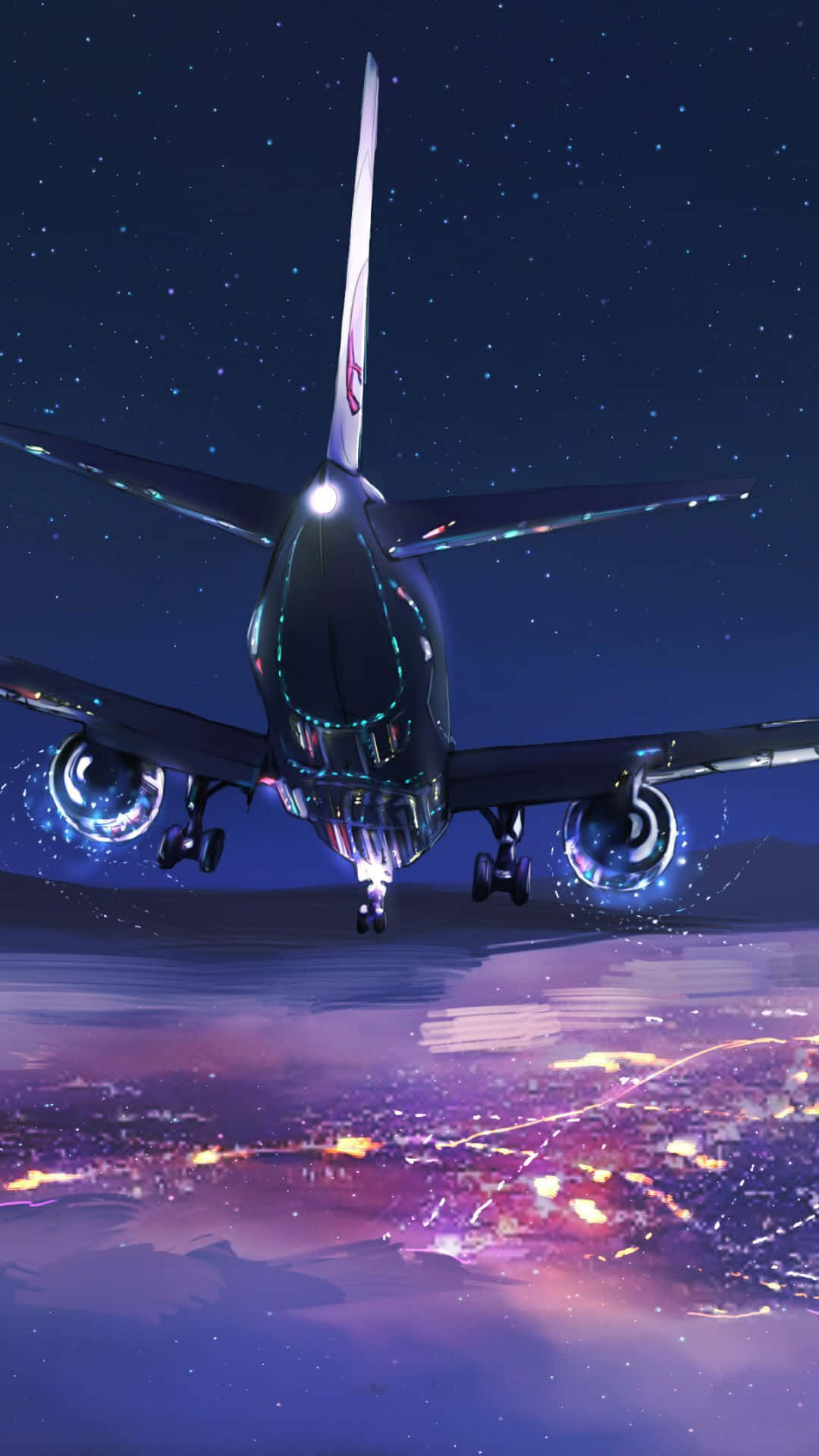 夜空 桌布 壁紙 — 一架未來風格的飛機在繁星點點的夜空下，降臨在散發光芒的城市景觀之上，充滿活力的紫色和藍色調。