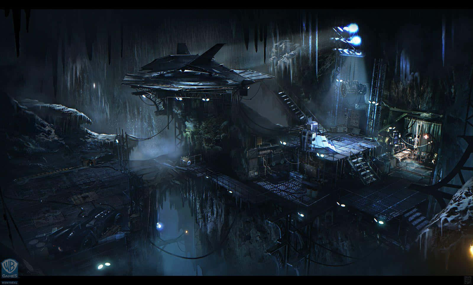 Batcave 桌布 壁紙 — 一架未來飛行器在黑暗、多雨的洞穴中，懸浮在一個被淹沒、霓虹燈照亮的工業綜合體上方。