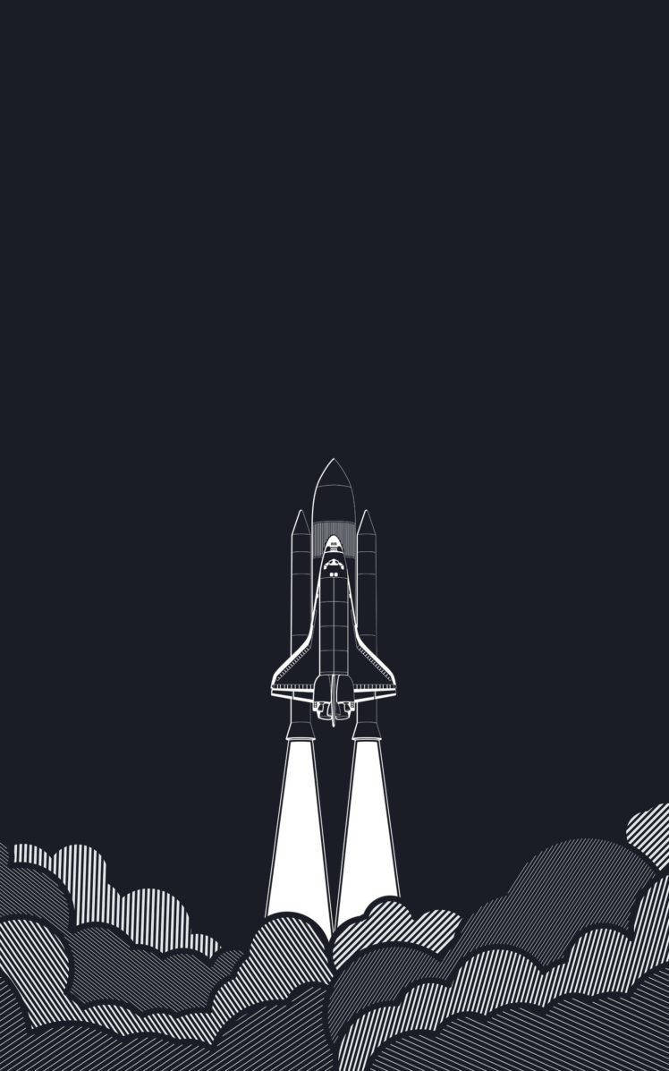 火箭 桌布 壁紙 — 一架極簡線條風格的太空梭，在深色背景襯托下，穿過風格化的雲層向上發射。