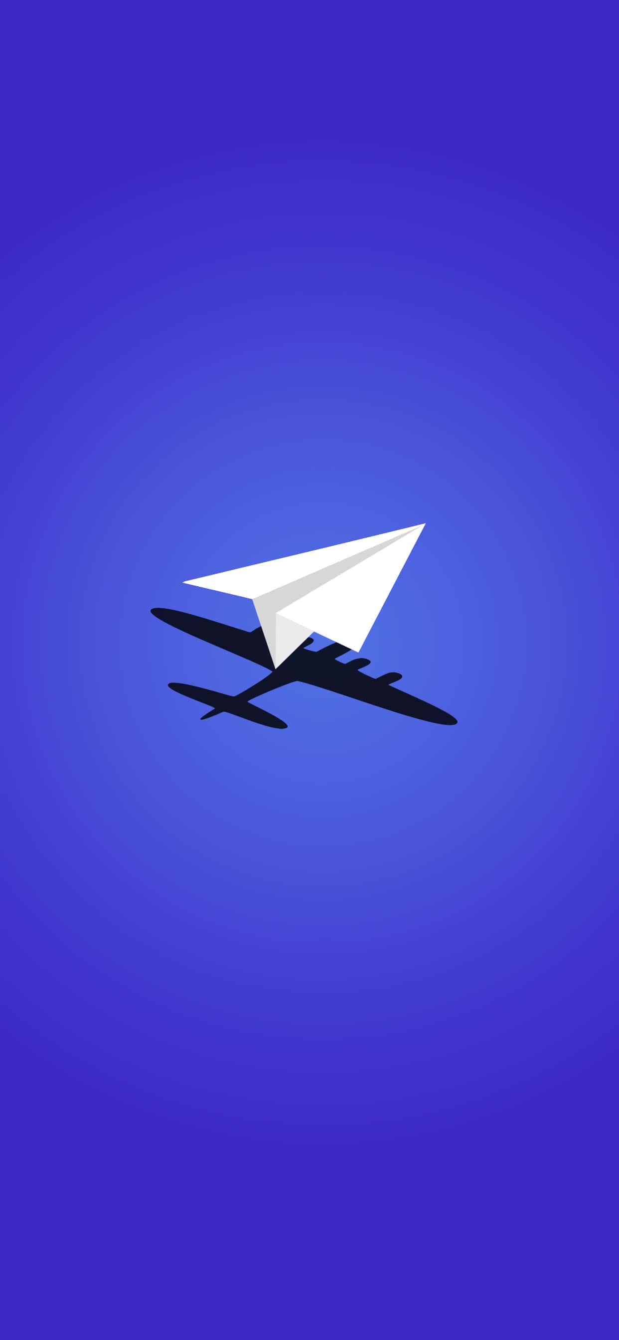 iPhone Xs Max Small Planes 桌布 壁紙 — 一架極簡風格的白色紙飛機在漸變藍色天空中滑翔，下方有深色飛機剪影。