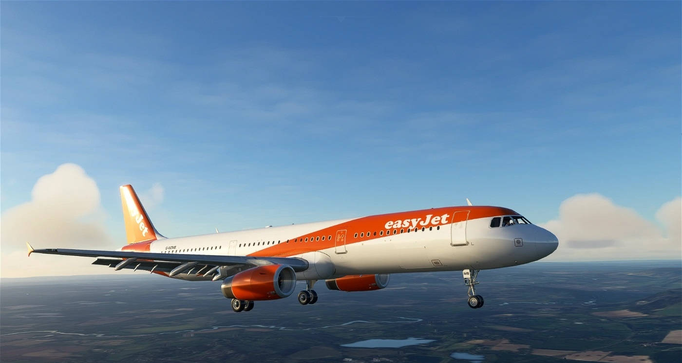 飛機 桌布 壁紙 — 一架橙色和白色塗裝的易捷航空 Airbus A320 在晴朗藍天和零星白雲下，低飛過一片拼布般的景觀。