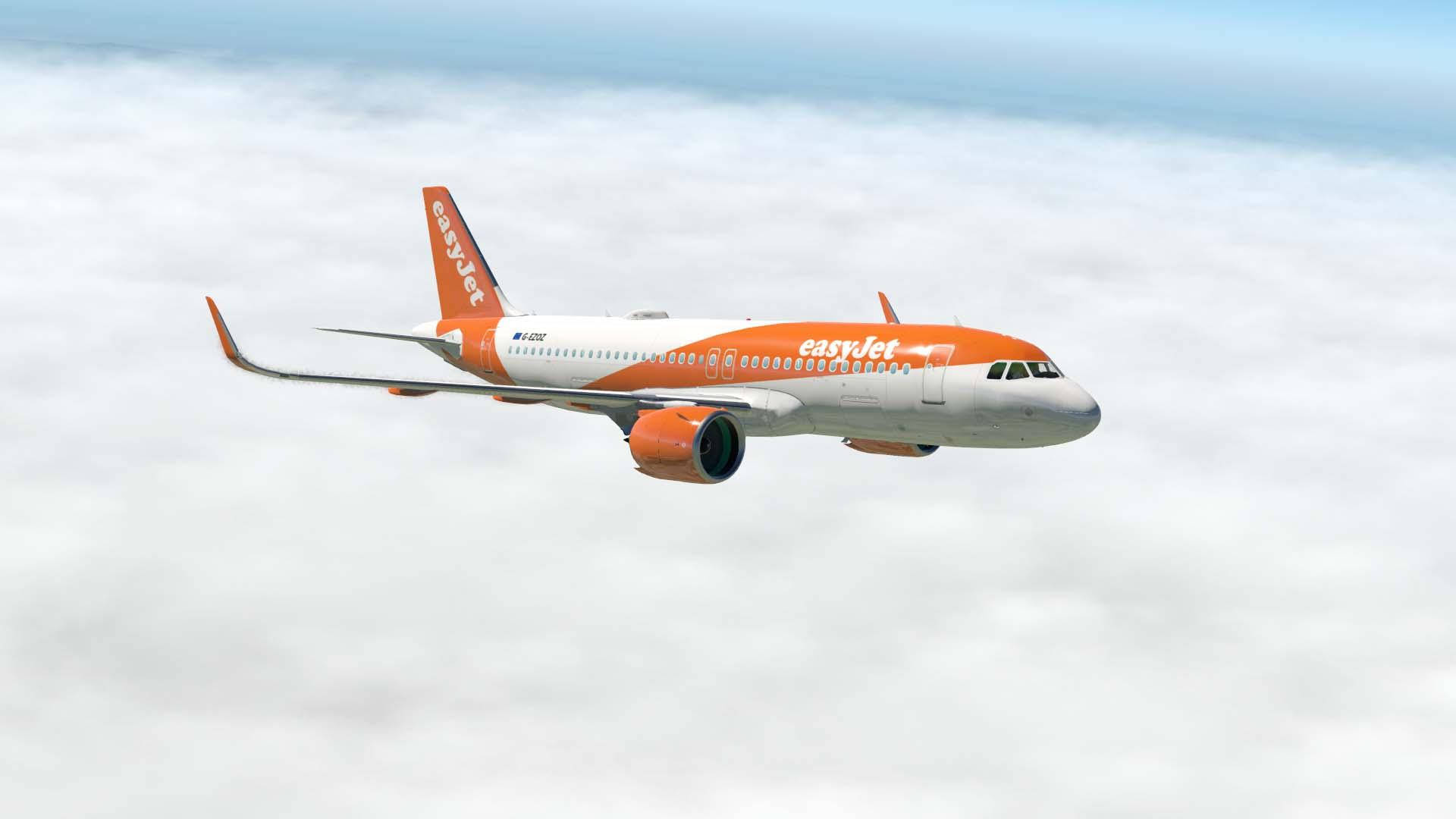 飛機 桌布 壁紙 — 一架橙色和白色的易捷航空飛機在晴朗的藍天下翱翔於大片蓬鬆的白雲之上。