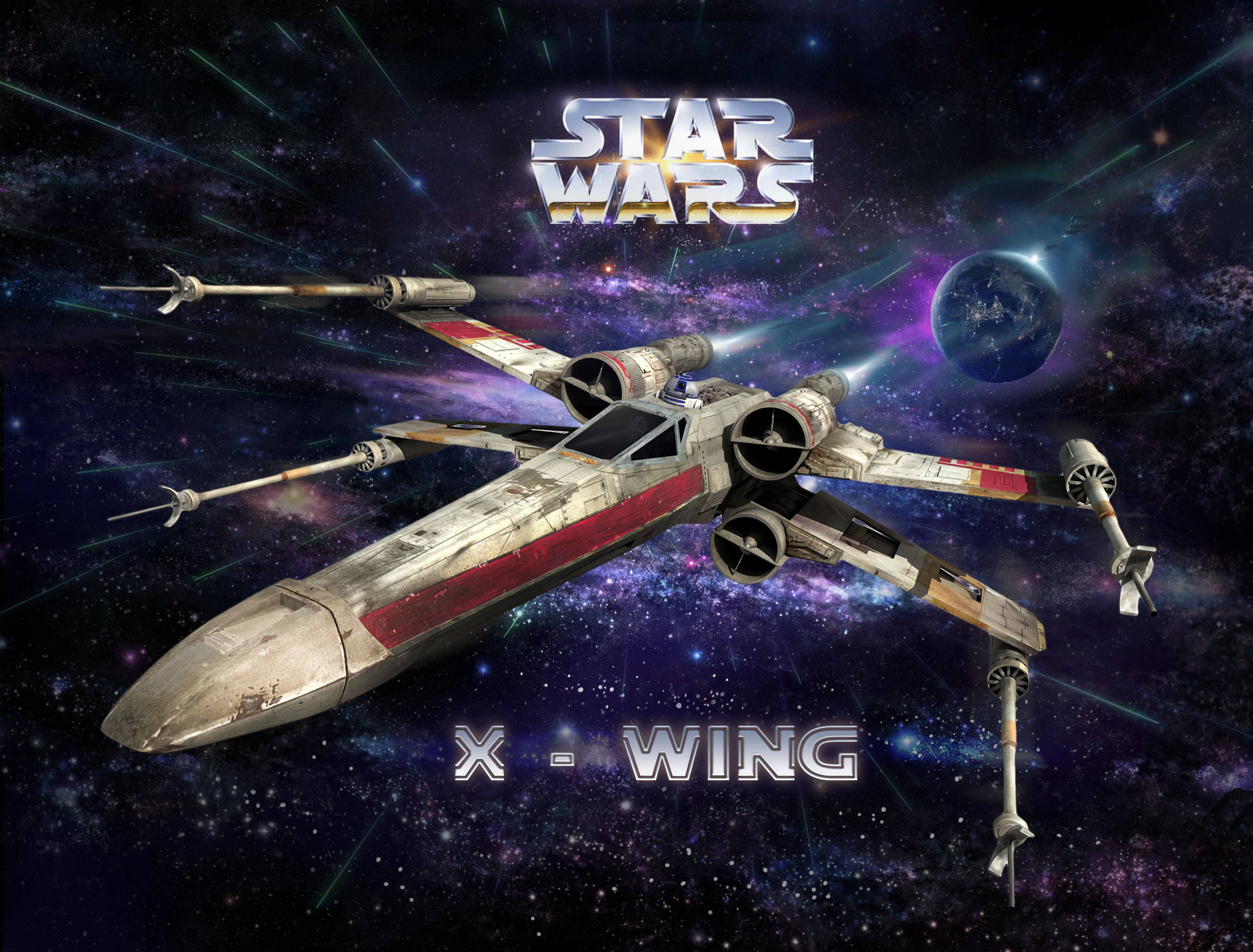 4K 星際大戰 桌布 壁紙 — 一架歷經風霜的X-wing戰機在星戰標誌下，於充滿活力的星域中翱翔，背景是藍色行星和發光的星雲。