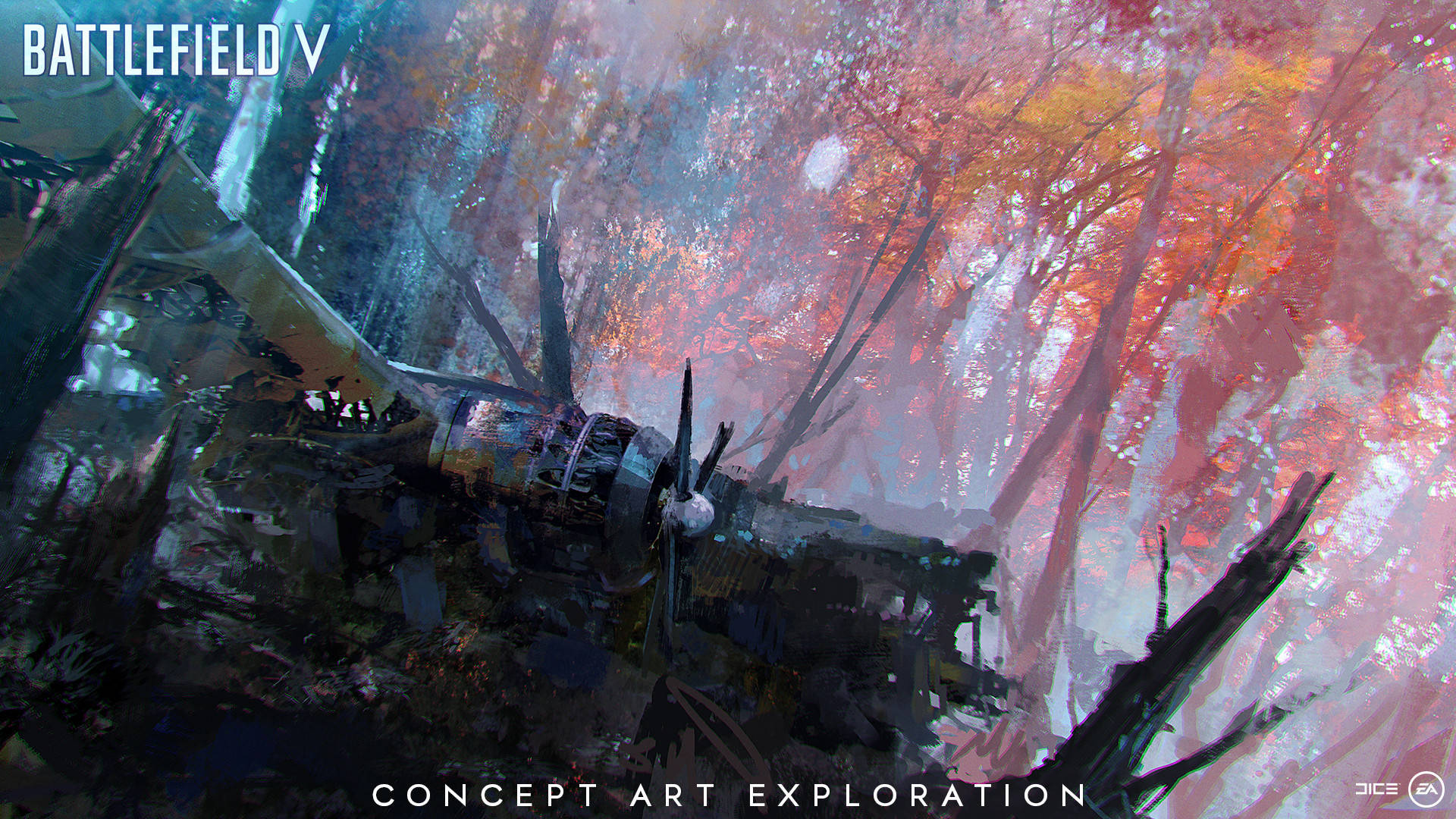 Battlefield 5 桌布 壁紙 — 一架毀壞的二戰戰鬥機躺在秋樹之間，天空霧濛濛，樹葉紅橙相間。
