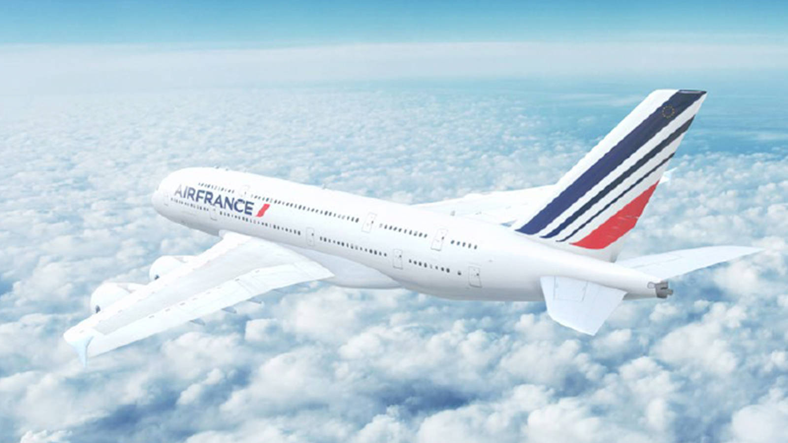 Plane 桌布 壁紙 — 一架法國航空的空中巴士A380在晴朗的藍天下，優雅地翱翔於廣闊的 fluffy 白雲海洋之上。