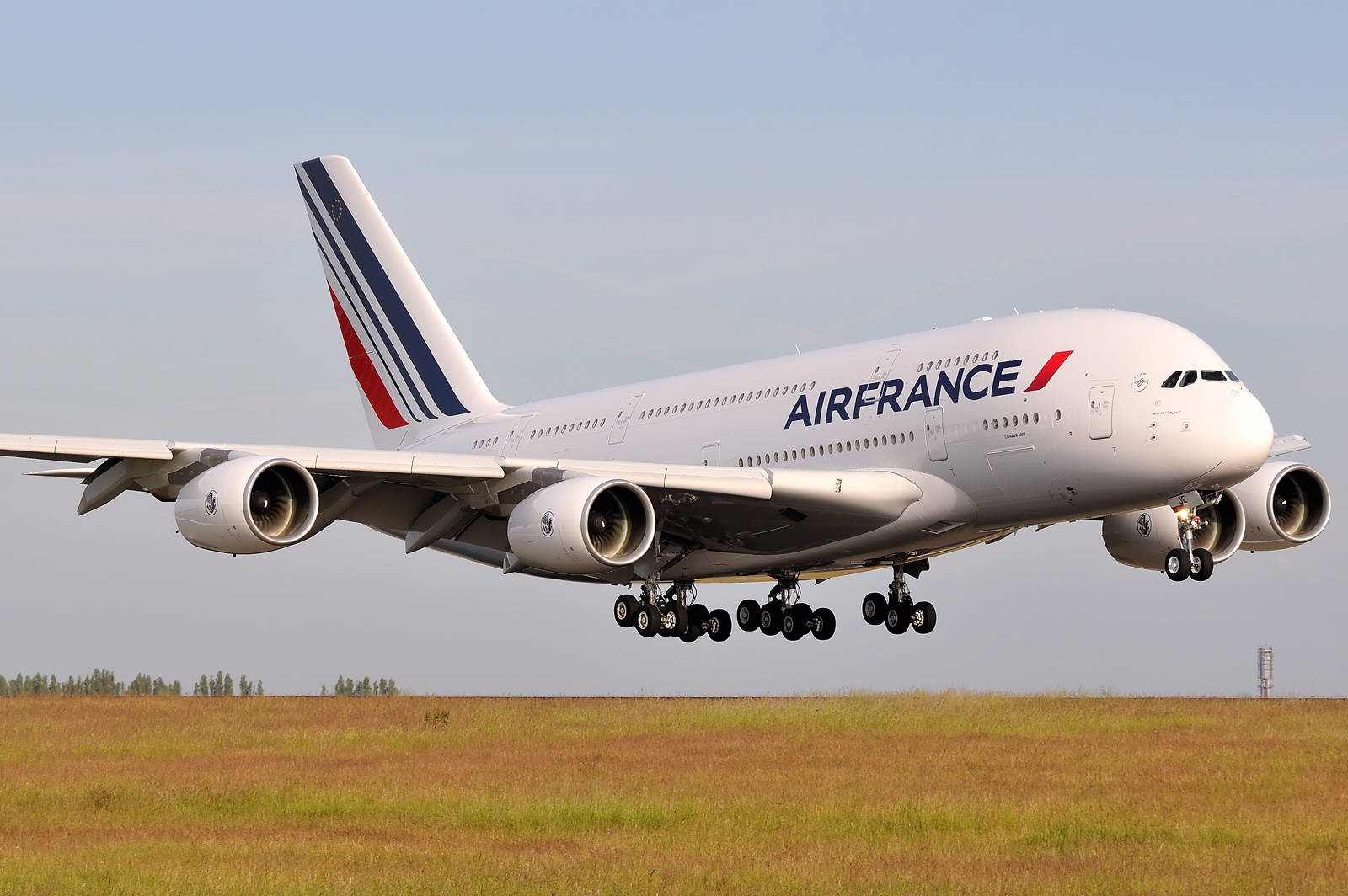 Plane 桌布 壁紙 — 一架法國航空空中巴士A380飛機放下起落架，在晴朗天空下降落在草地跑道上。