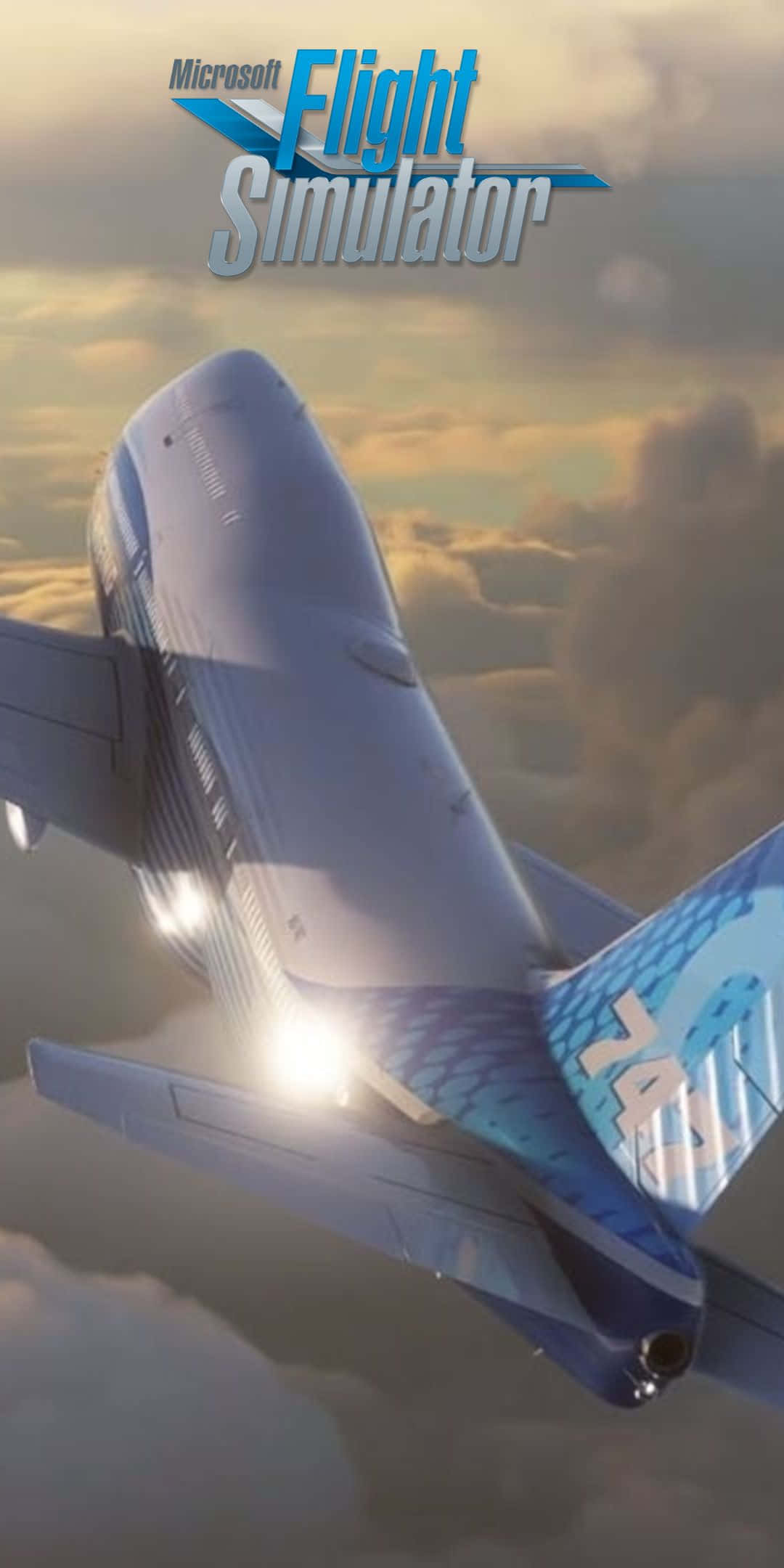 Pixel 3 Microsoft Flight Simulator 桌布 壁紙 — 一架波音747在日出時穿過金色雲層翱翔，上方有「Microsoft Flight Simulator」標誌。
