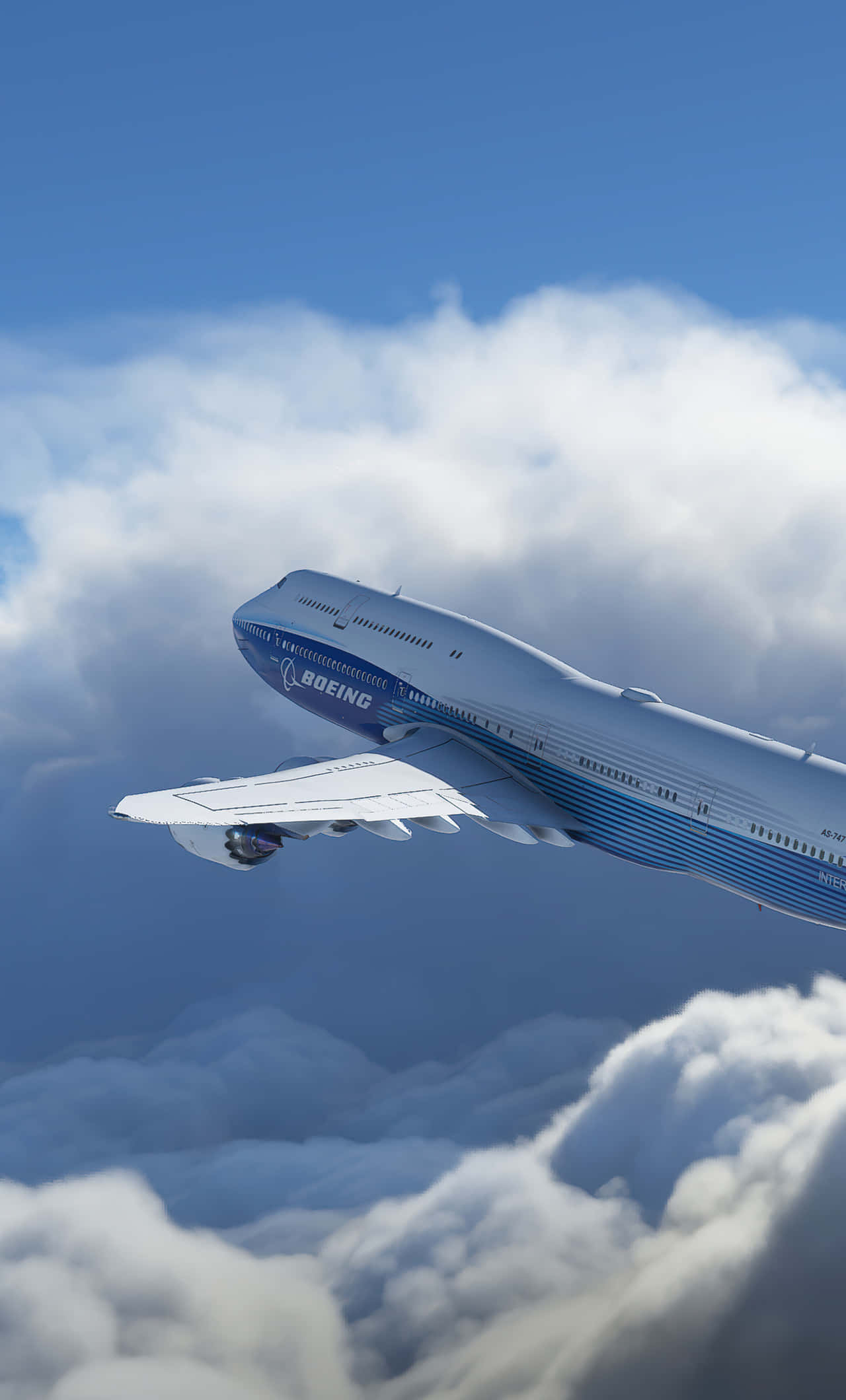 Android Microsoft Flight Simulator 桌布 壁紙 — 一架波音747在晴朗的藍天下，雄偉地翱翔於蓬鬆的白雲之上。