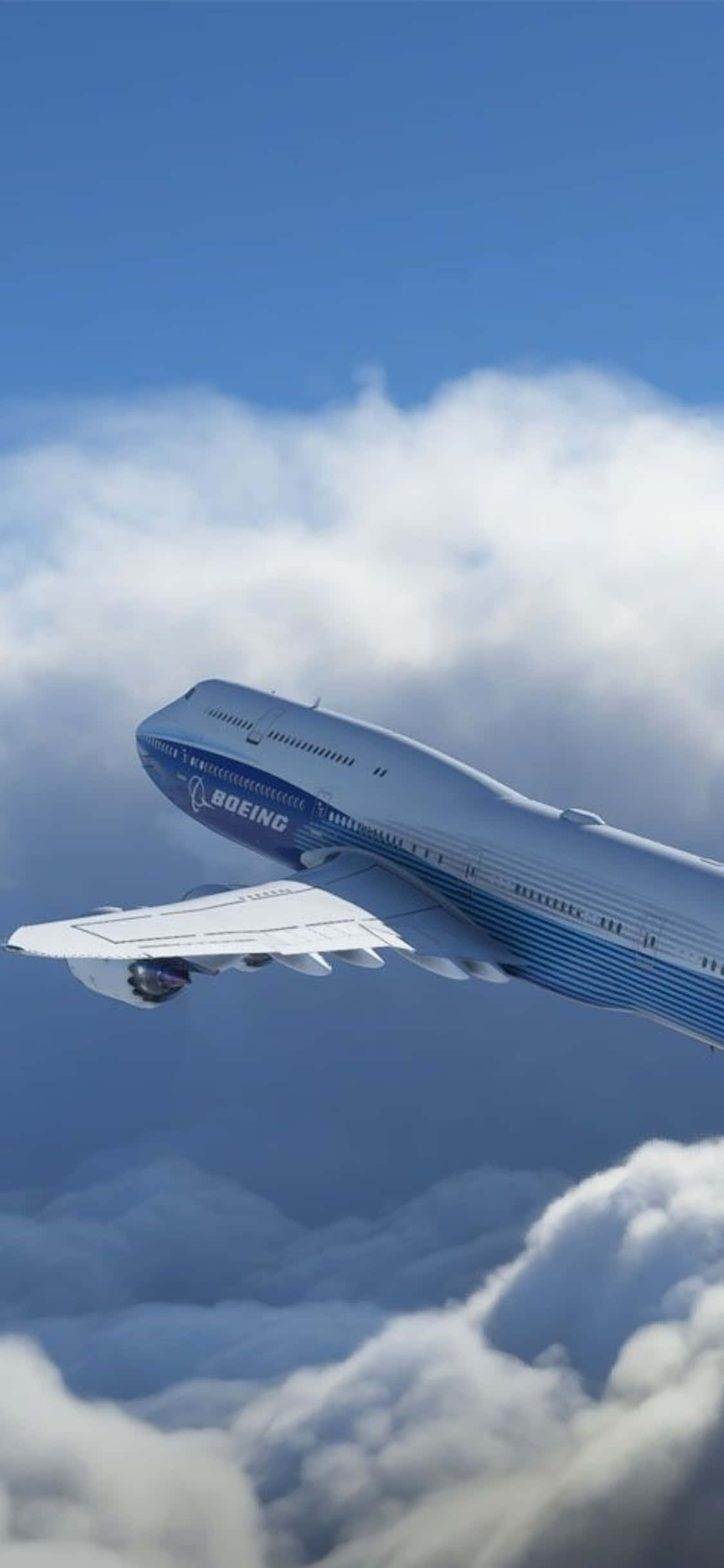 iPhone Xs Microsoft Flight Simulator 桌布 壁紙 — 一架波音747在清澈的藍天下翱翔於蓬鬆的白雲之上。