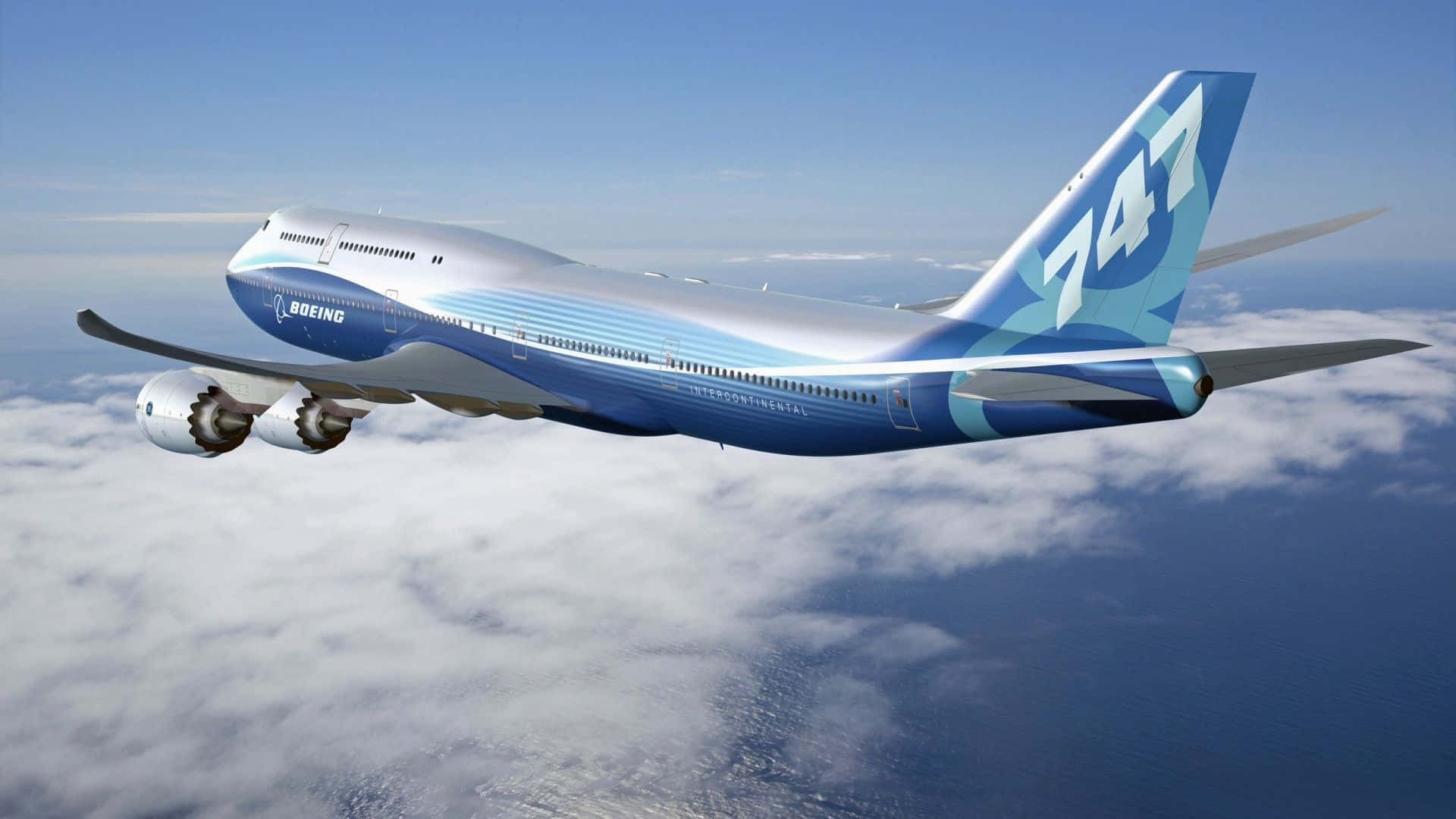 飛機 桌布 壁紙 — 一架波音747飛機在藍天和海洋之上翱翔於蓬鬆的白雲之上。