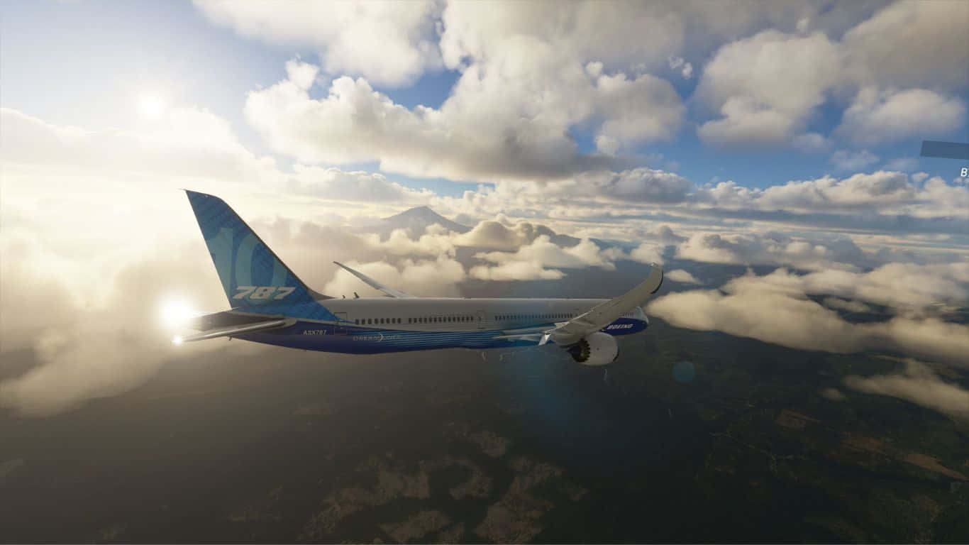 電玩遊戲 桌布 壁紙 — 一架波音787飛機翱翔在蓬鬆的白雲之上，下方可見遠處的山峰。