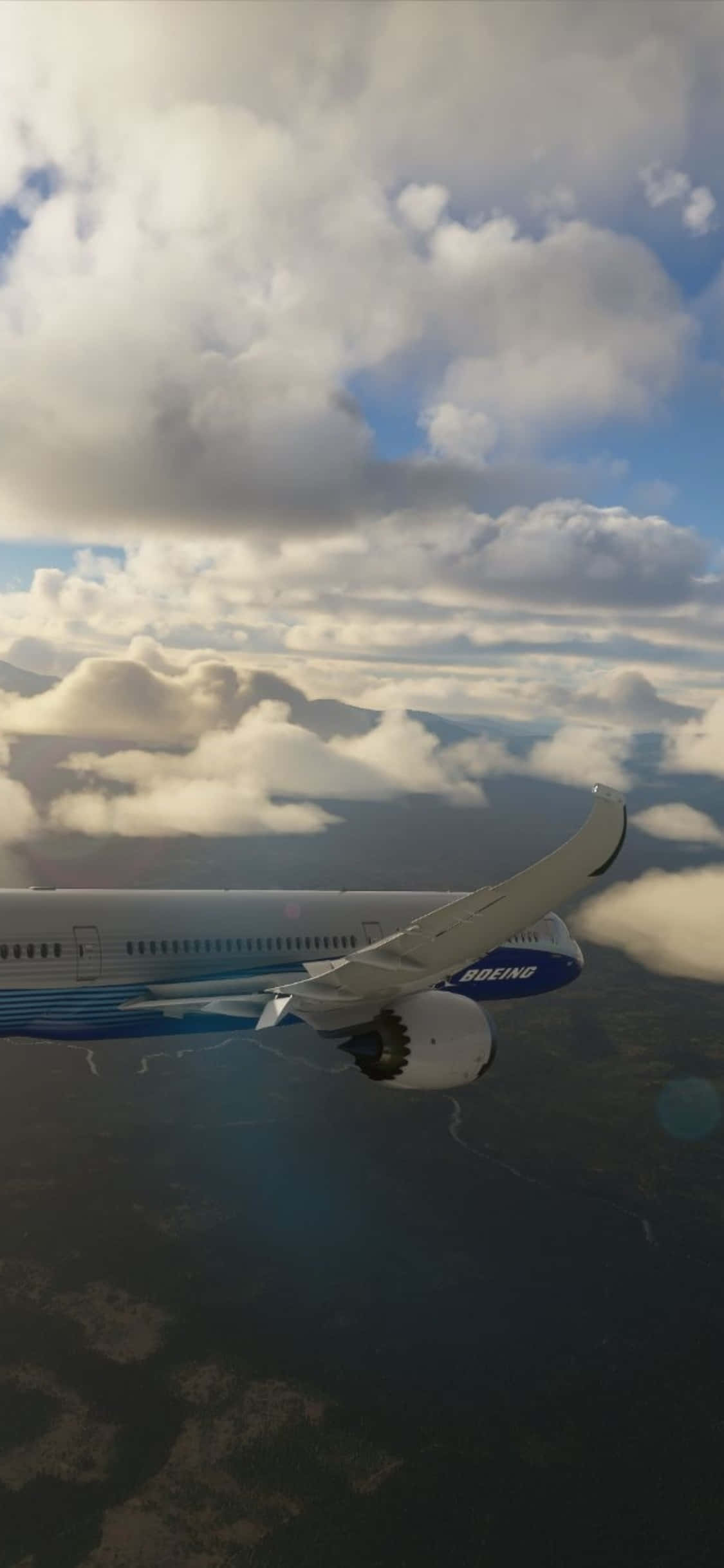 iPhone Xs Microsoft Flight Simulator 桌布 壁紙 — 一架波音飛機在蓬鬆的白雲上方翱翔，藍天和遠山在下方。