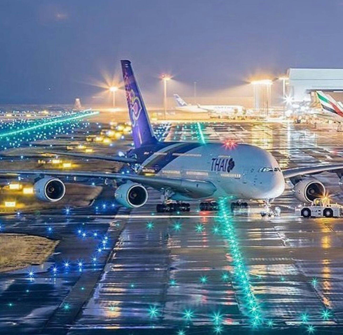 飛機 桌布 壁紙 — 一架泰國航空空中巴士A380在夜間燈光下，於濕滑停機坪上閃耀，發光藍色跑道標記在水坑中反射。