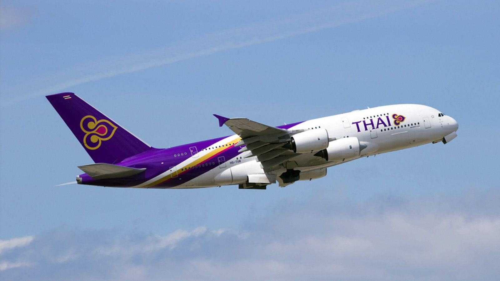 飛機 桌布 壁紙 — 一架泰國航空空中巴士A380在晴朗的藍天中翱翔，機翼下飄著縷縷白雲。