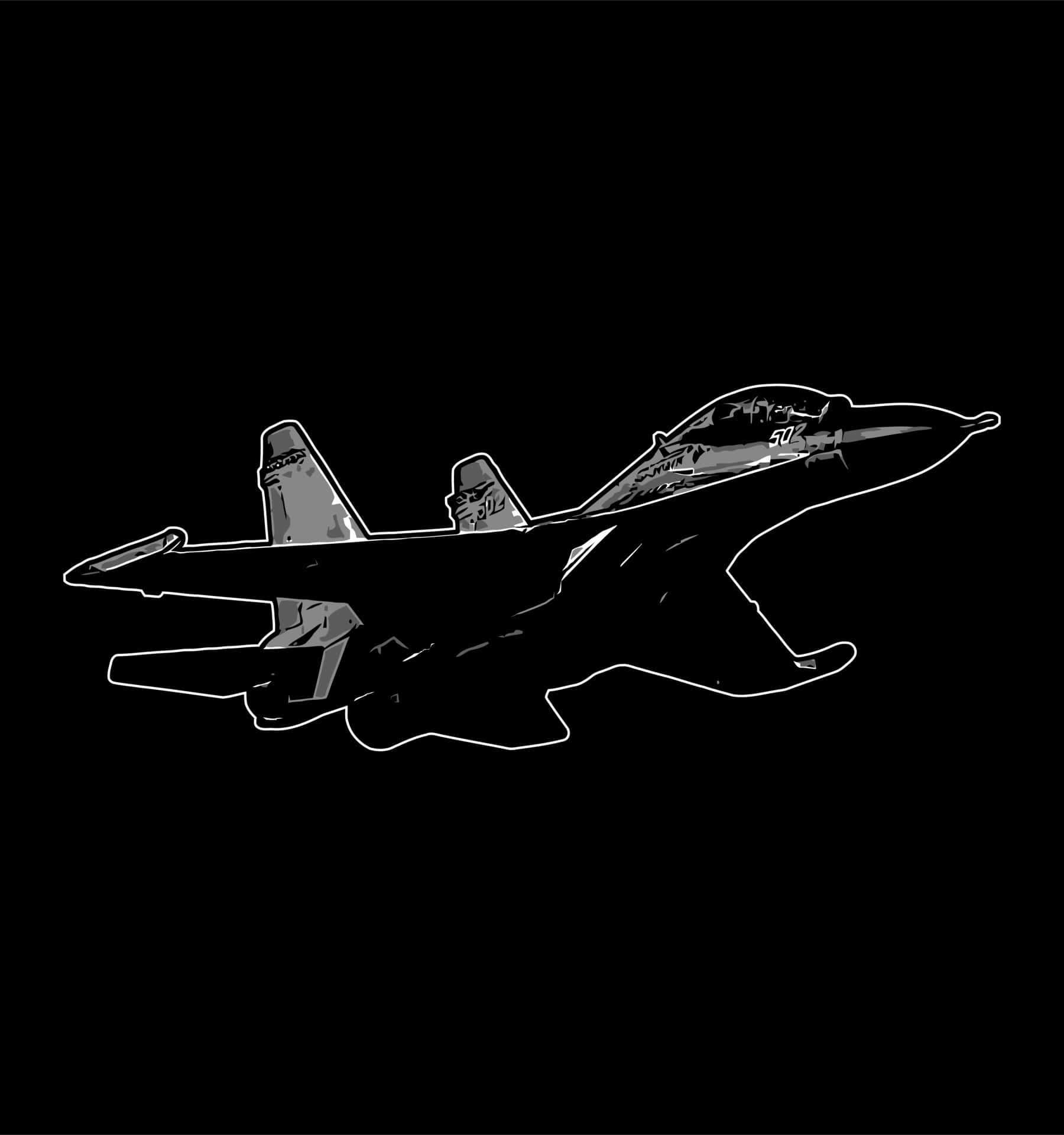 Air Force 桌布 壁紙 — 一架流線型戰鬥機以白色輪廓勾勒在純黑背景上，機身帶有灰階陰影。