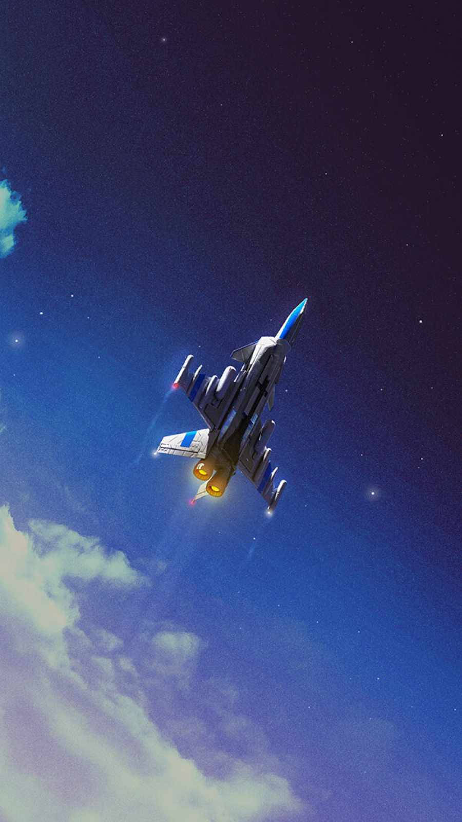 飛機 桌布 壁紙 — 一架流線型戰鬥機在星光燦爛的暮色天空中翱翔，引擎發光，下方有縷縷雲彩。