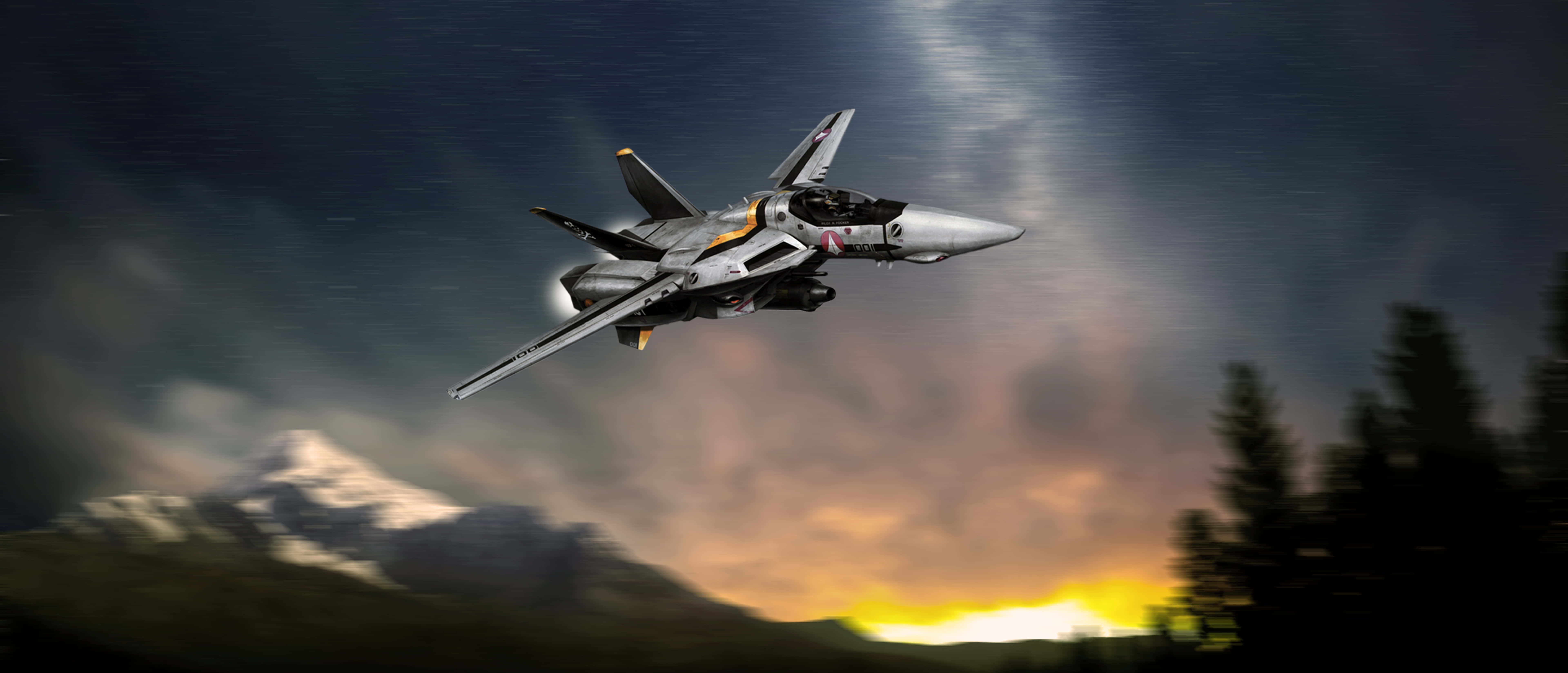 robotech 桌布 壁紙 — 一架流線型戰鬥機在暴風雨黃昏的天空中翱翔，越過森林覆蓋的山脈，地平線閃耀著橙色光芒。