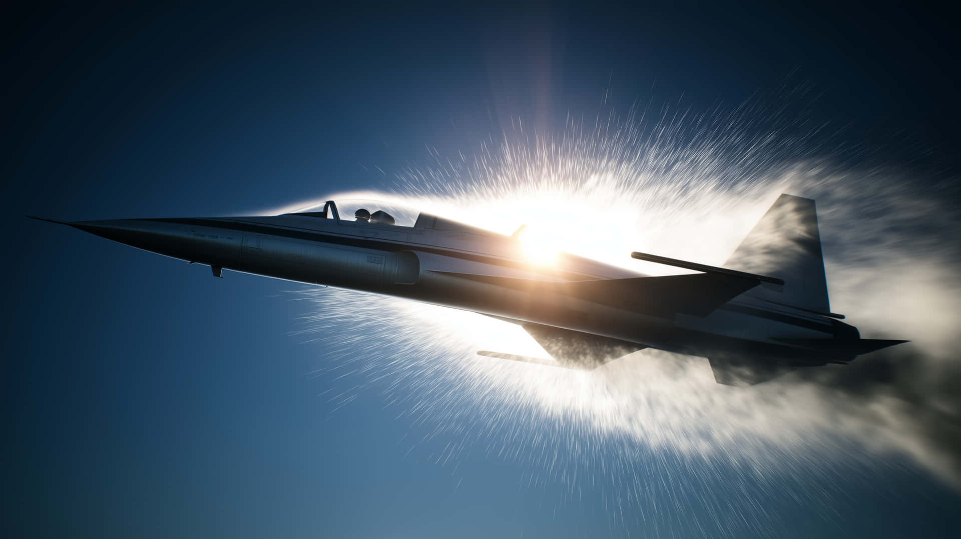 Sleek Jet Fighter Breaking Sound Barrier with Sun Burst 壁紙 — 一架流線型戰鬥機在深藍色天空中翱翔，背後太陽燃燒，形成耀眼的光環和光線條紋。