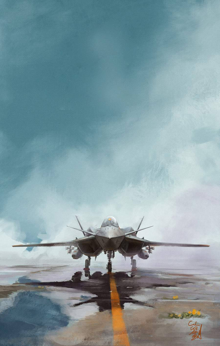 jet iPhone 桌布 壁紙 — 一架流線型戰鬥機在濕滑的跑道上蓄勢待發，背景是帶有戲劇性雲層的憂鬱青綠色天空。
