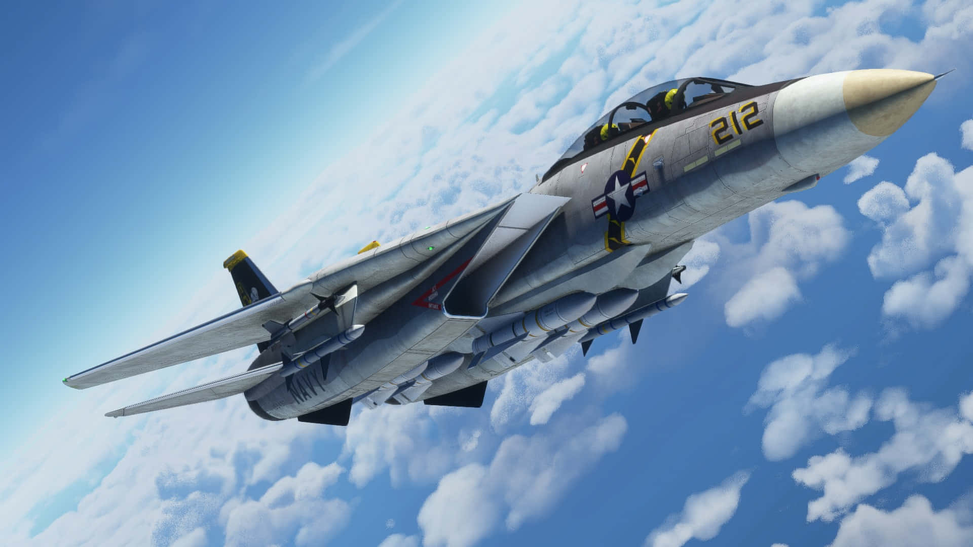 1080p Microsoft Flight Simulator 桌布 壁紙 — 一架流線型戰鬥機在點綴著蓬鬆白雲的明亮藍天中翱翔。
