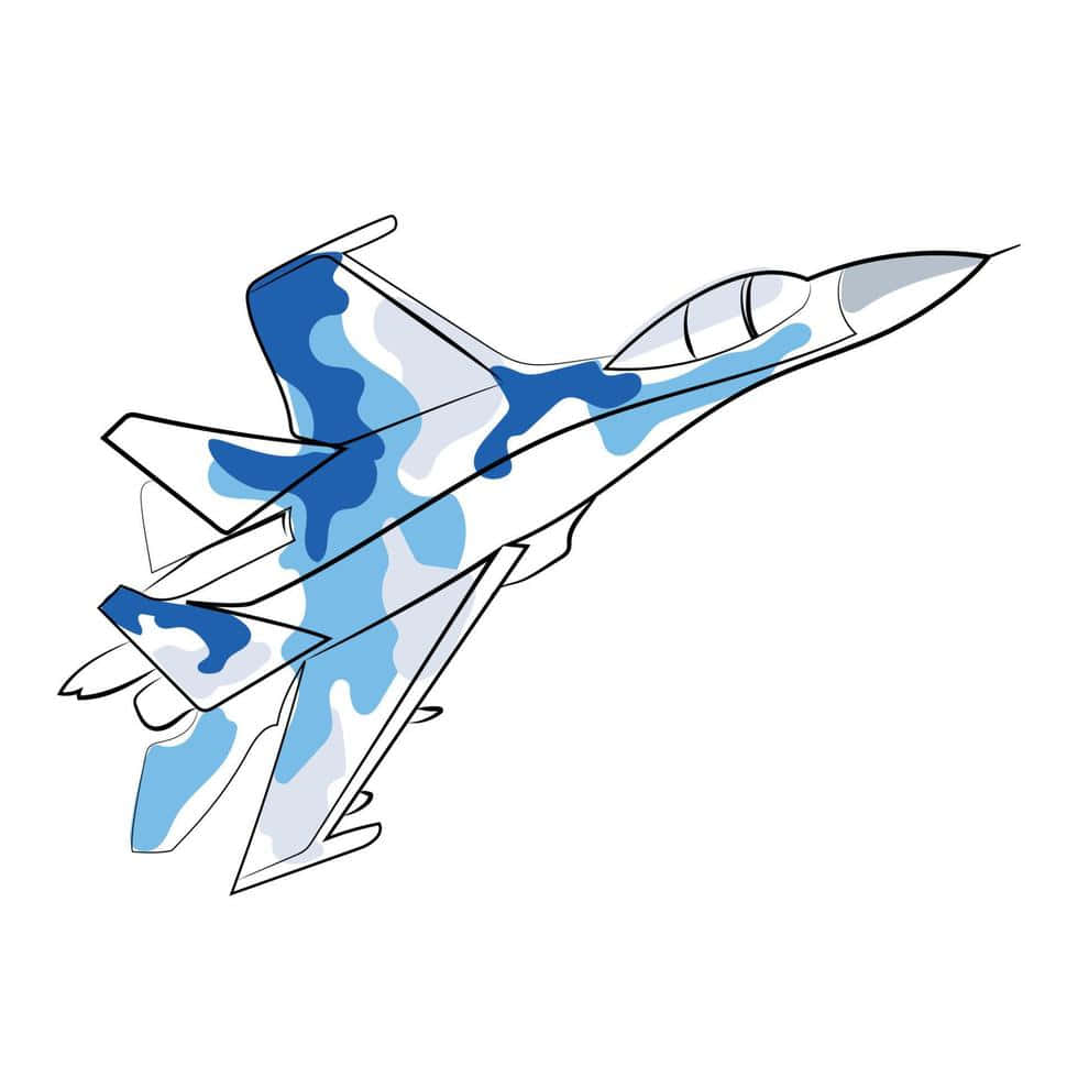 Air Force 桌布 壁紙 — 一架流線型戰鬥機帶有藍白迷彩圖案，在純白色背景上對角翱翔。