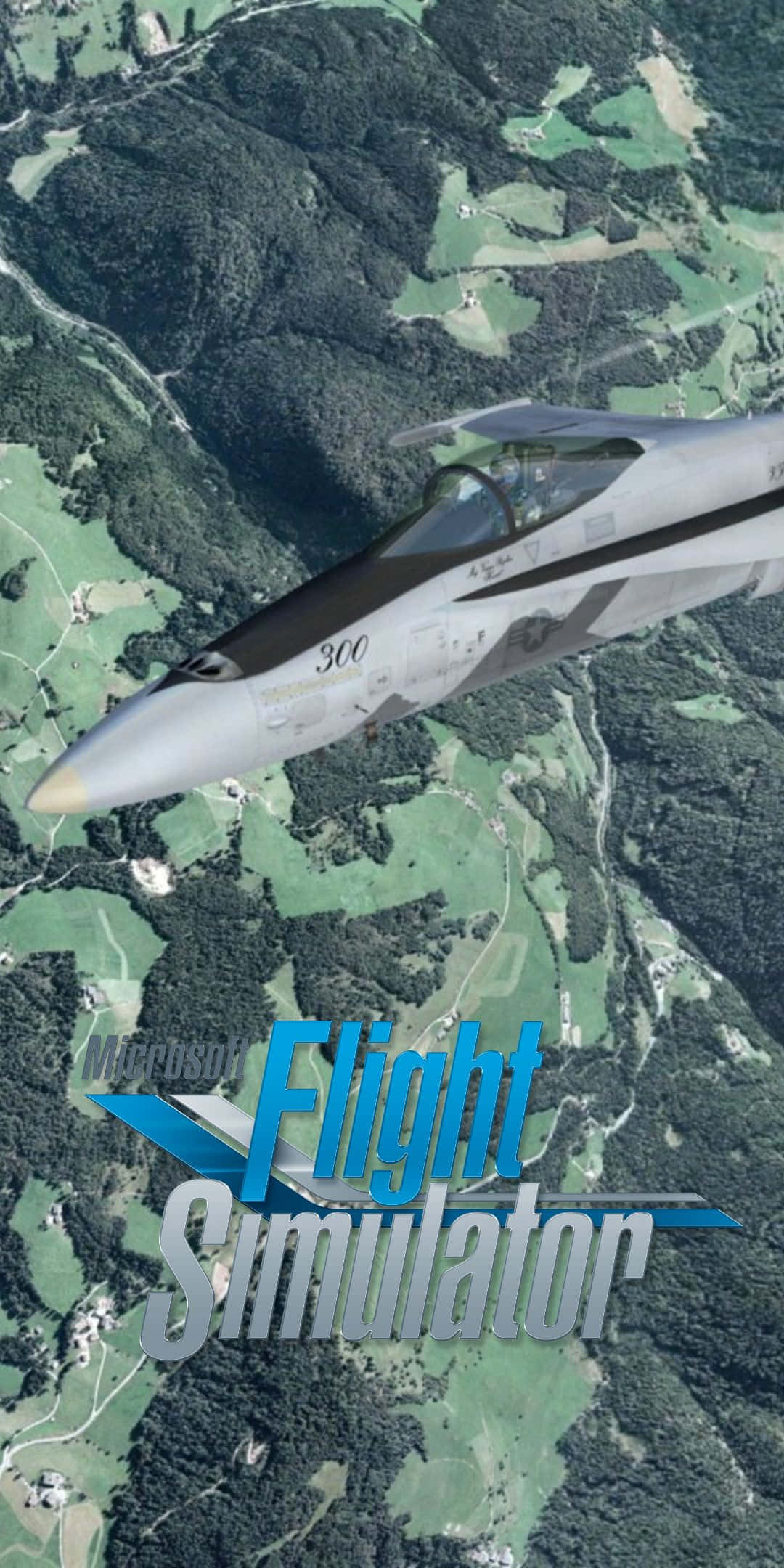 Pixel 3 Microsoft Flight Simulator 桌布 壁紙 — 一架流線型戰鬥機翱翔於翠綠山谷之上，下方有蜿蜒的道路和茂密的森林。