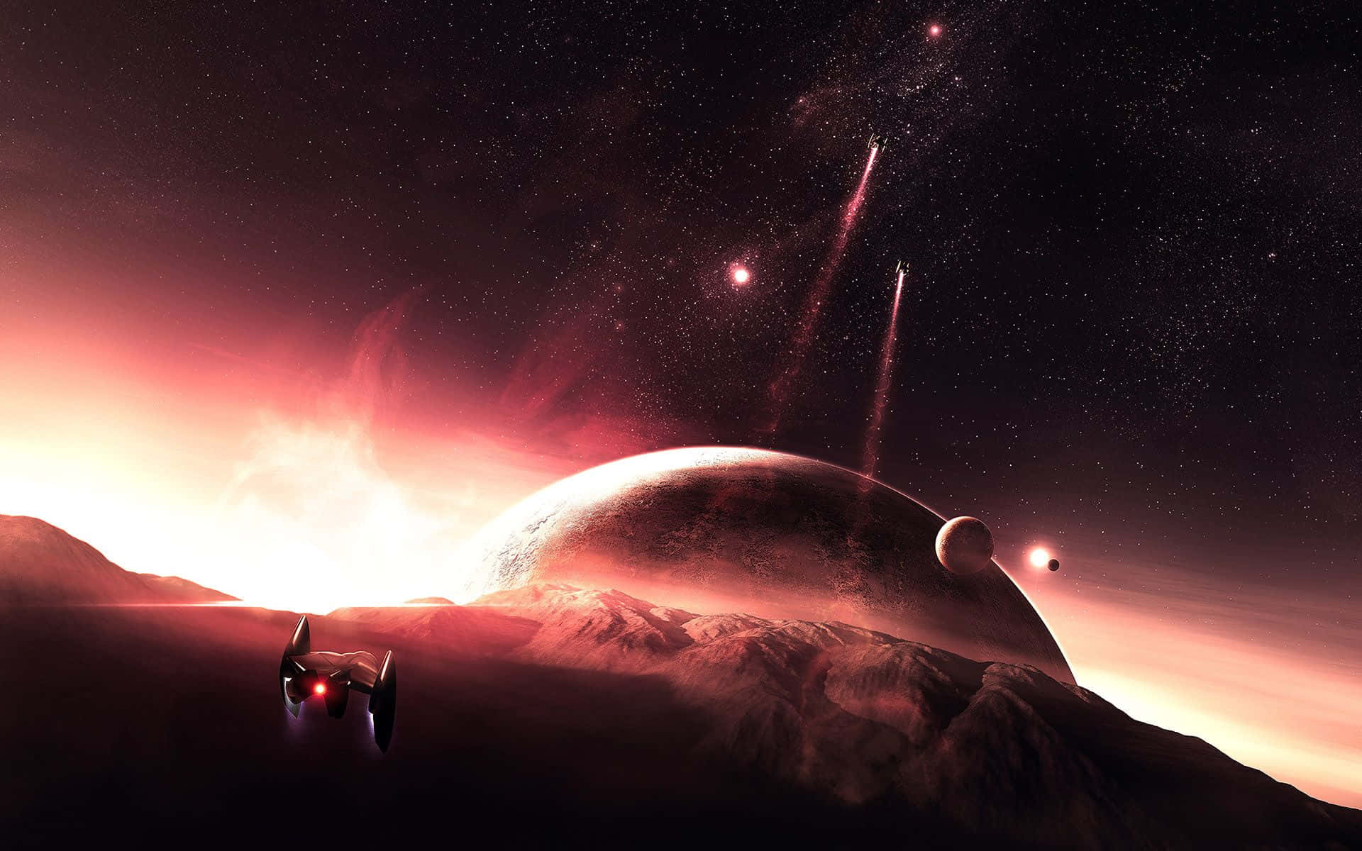 Interstellar Travel 桌布 壁紙 — 一架流線型星際戰機在日落時分飛越崎嶇的外星行星，巨大的月亮和遙遠的星星在宇宙天空中閃耀。