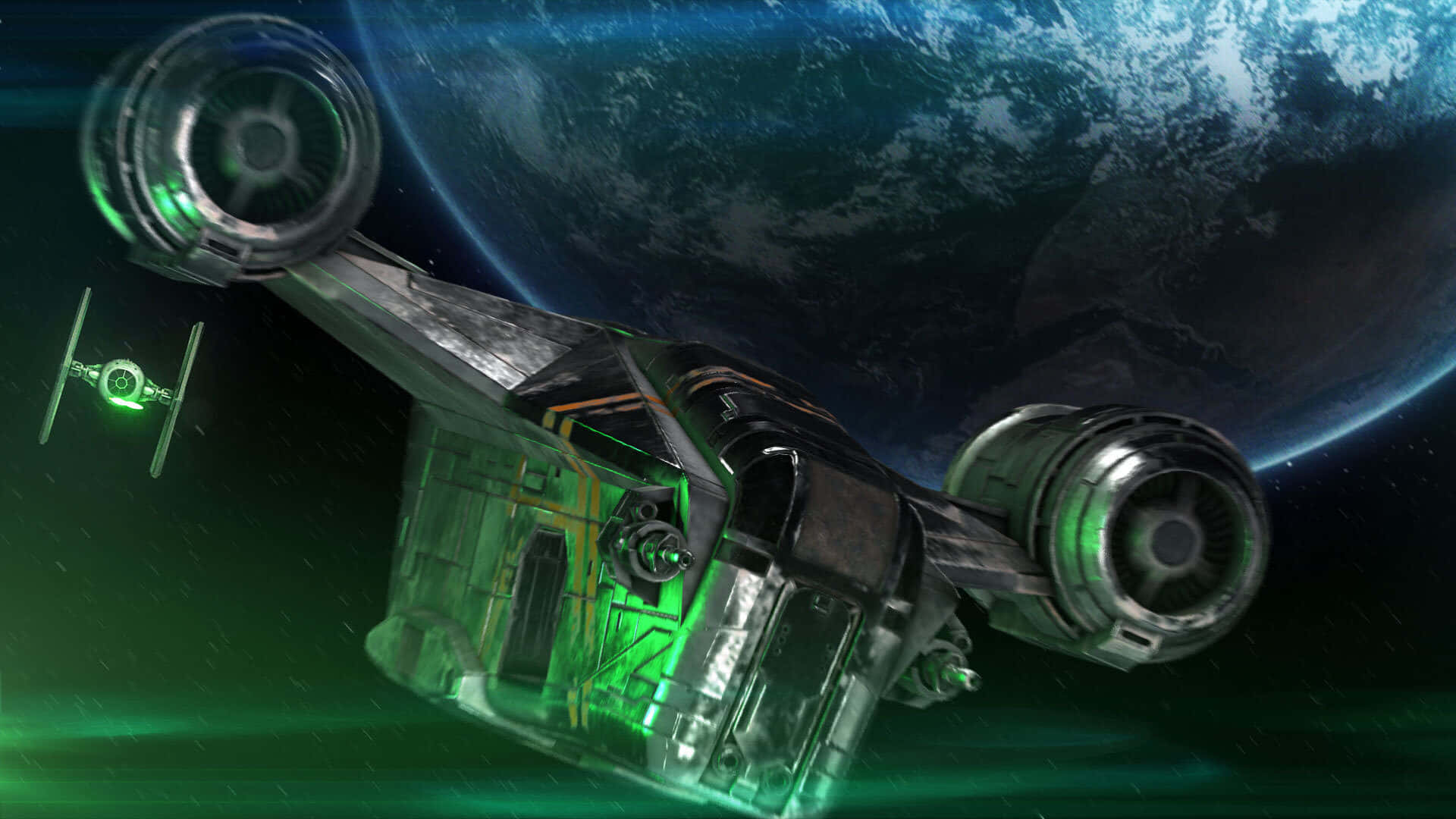 Interstellar Travel 桌布 壁紙 — 一架流線型星際戰鬥機，配備發光的綠色引擎，在深空中飛過一個帶有旋轉雲層的藍色行星。