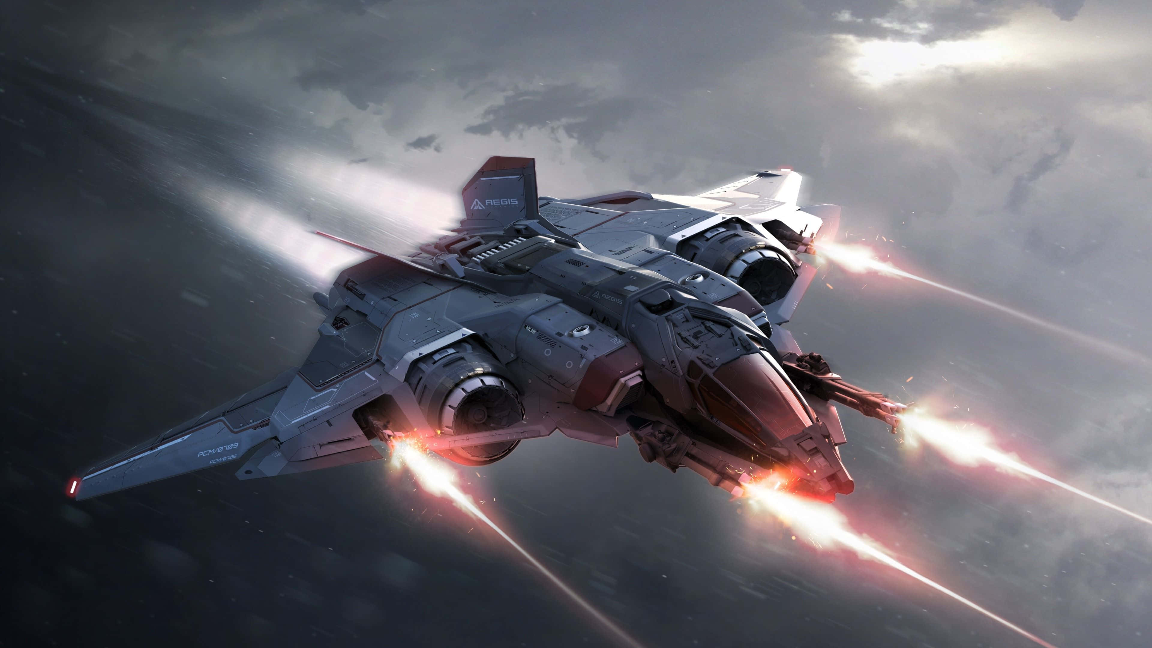 Spaceship 桌布 壁紙 — 一架流線型未來戰機劃破暴風雲層，從其炮管發射明亮的紅色能量光束。