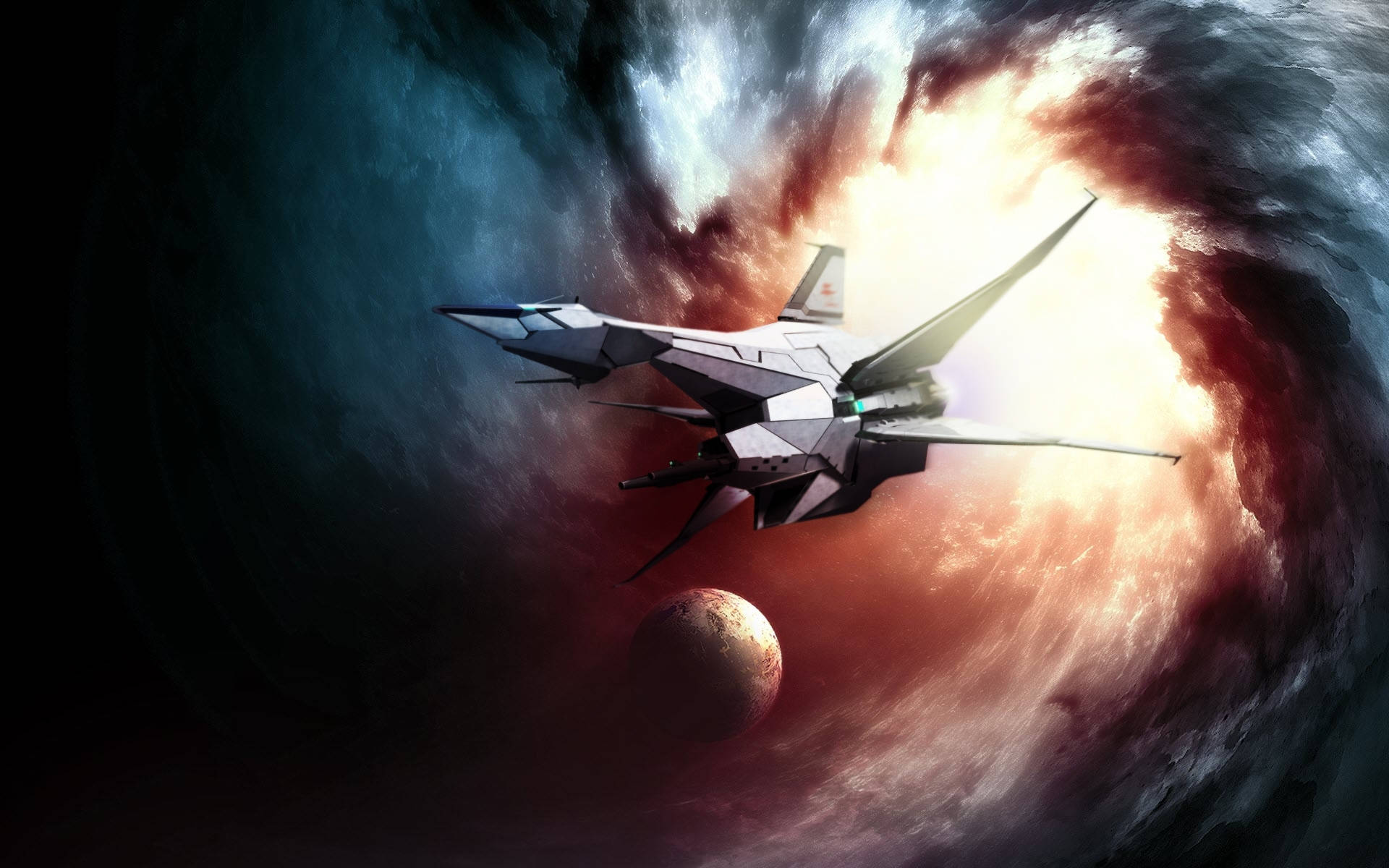 Star Fox 桌布 壁紙 — 一架流線型未來戰機在宇宙星雲中翱翔，下方有一顆發光的行星。