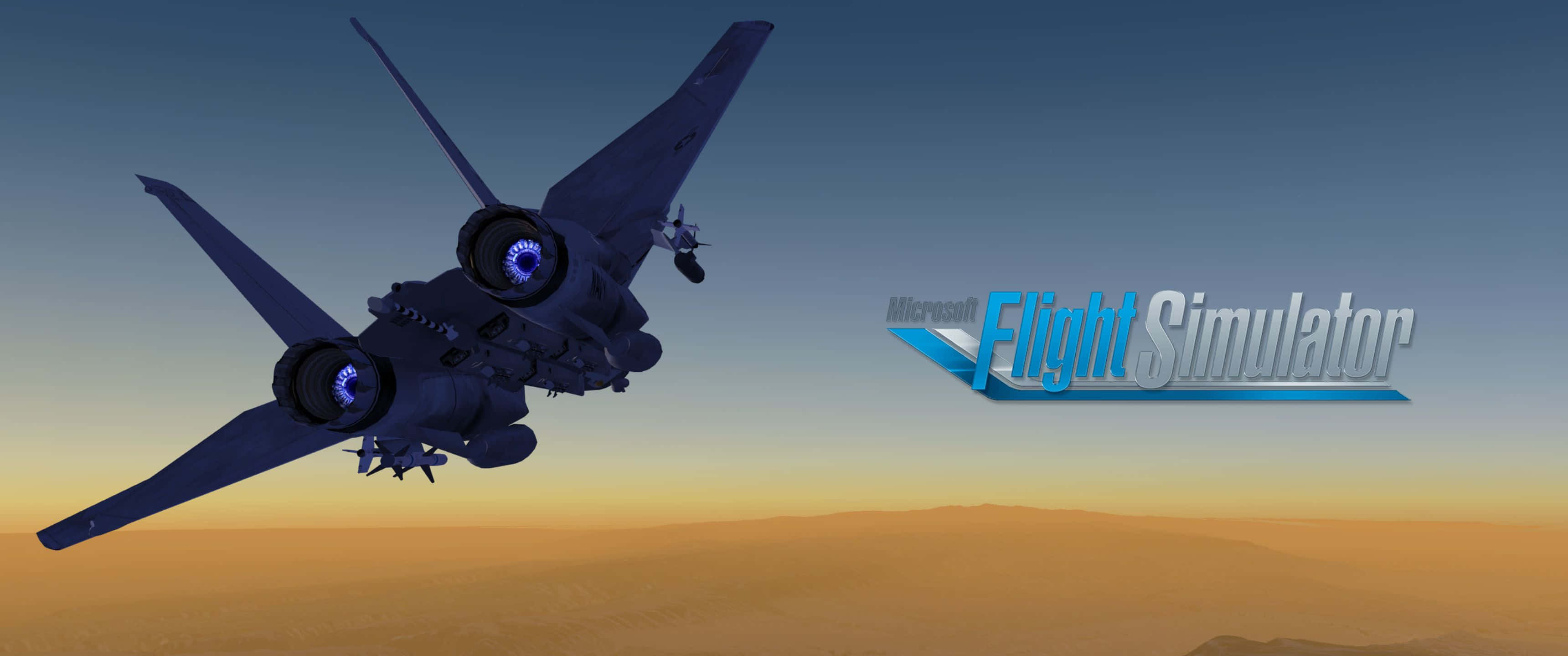 3440x1440p Microsoft Flight Simulator 桌布 壁紙 — 一架流線型深色戰鬥機帶有發光藍色引擎，在日落時分飛越沙漠，並可見Microsoft Flight Simulator標誌。