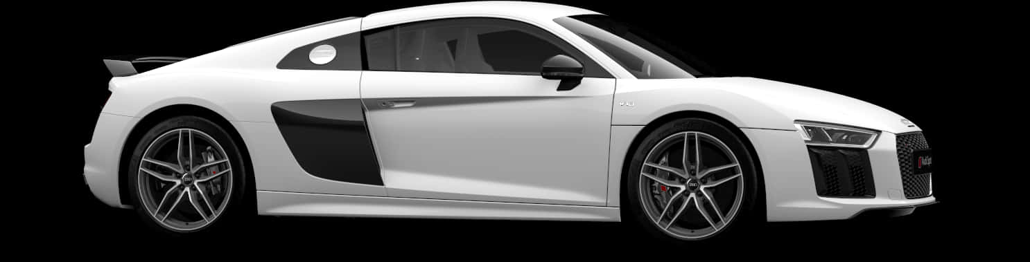 Car Side View 桌布 壁紙 — 一架流線型白色奧迪R8跑車，帶有黑色飾邊和銀色輪圈，在純黑色背景上以側面姿態呈現。