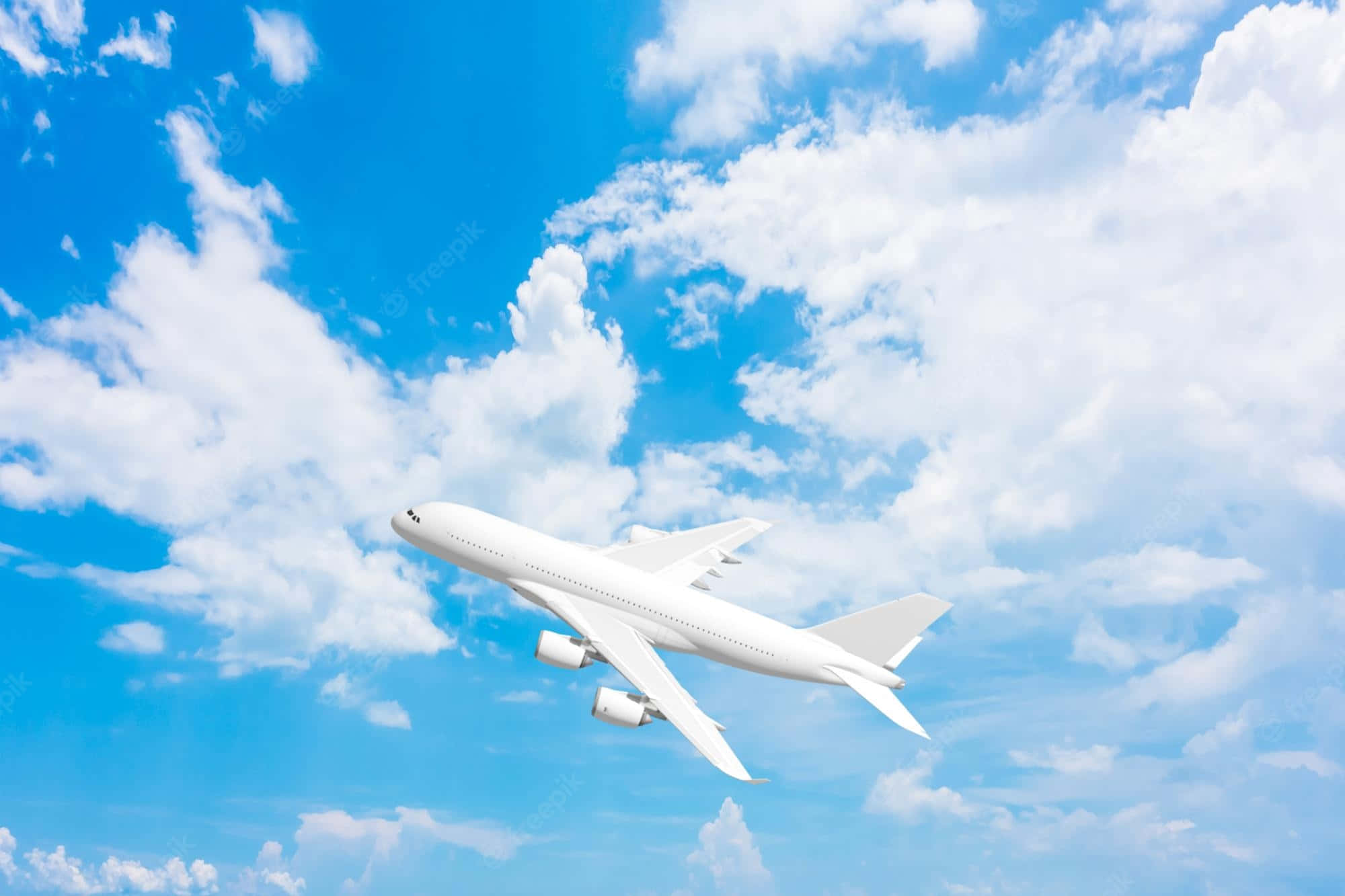 Plane 桌布 壁紙 — 一架流線型白色客機在點綴著蓬鬆白雲的湛藍天空中優雅翱翔。