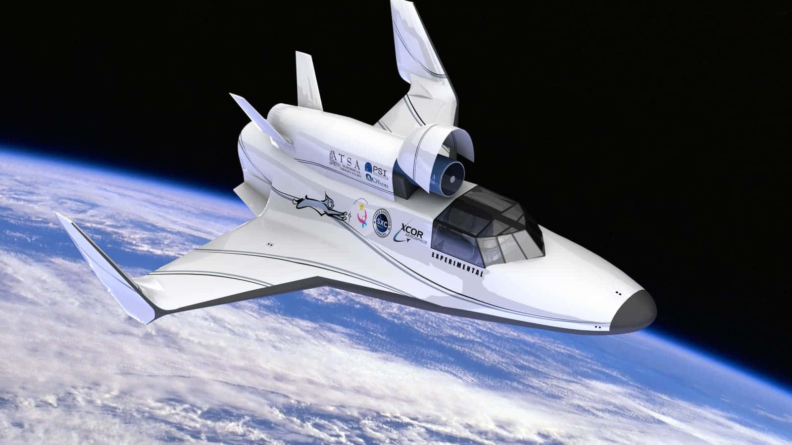 Interstellar Travel 桌布 壁紙 — 一架流線型白色實驗太空船在地球彎曲的藍白色大氣層上方滑行，背景是太空的黑色虛空。