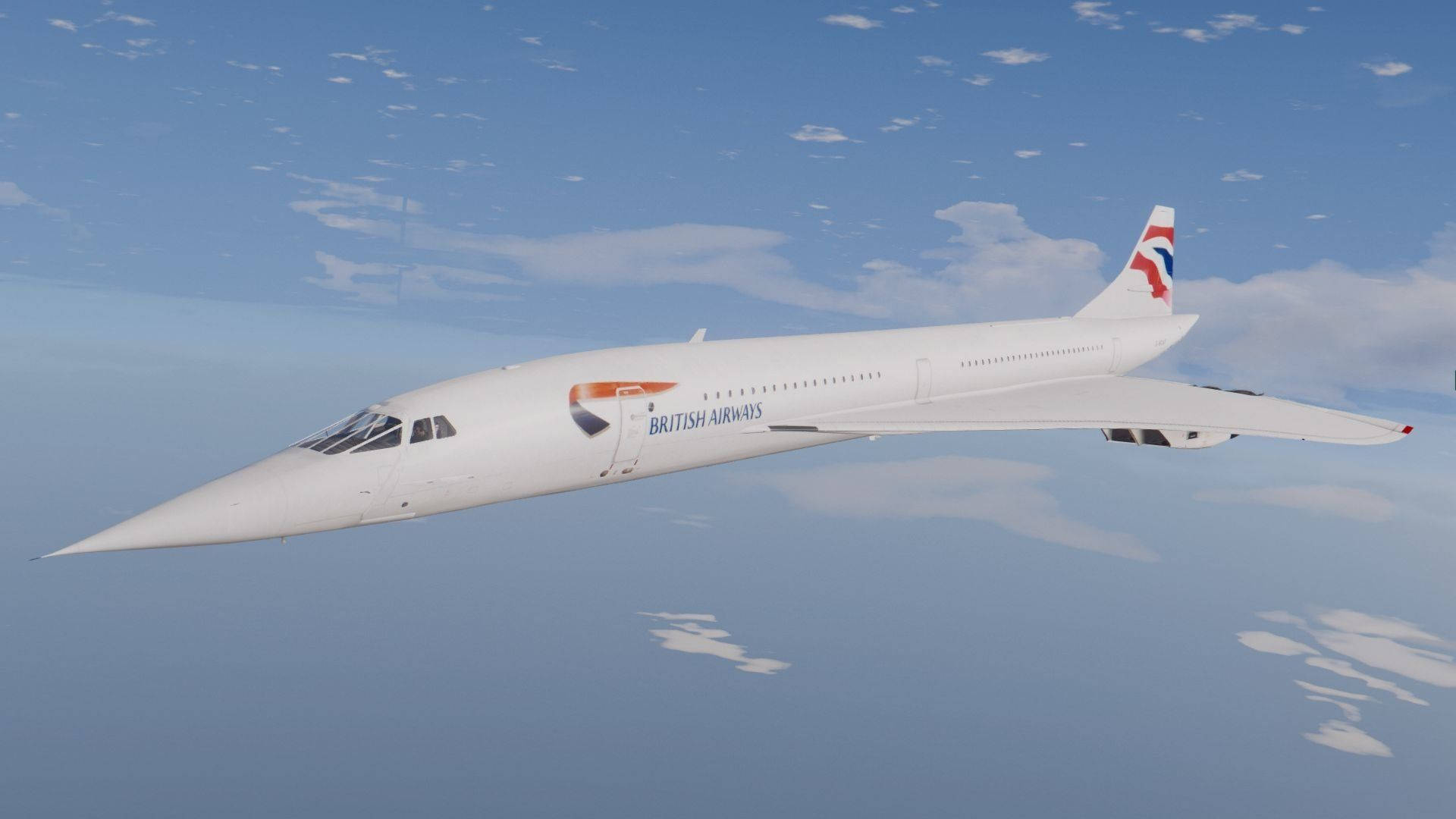 飛機 桌布 壁紙 — 一架流線型白色英國航空和諧式客機在晴朗藍天下優雅地翱翔於蓬鬆雲層之上。