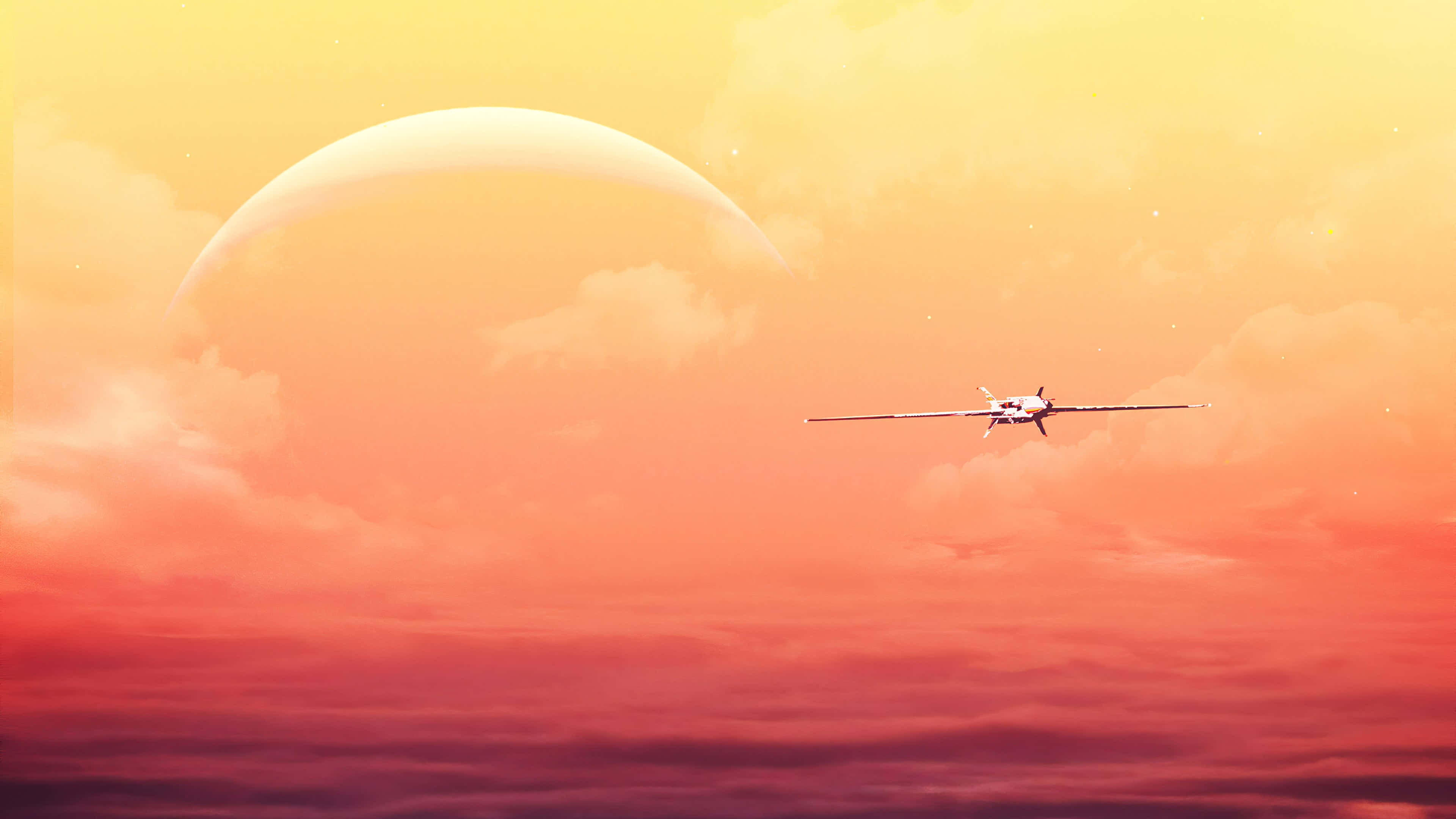 Plane Desktop 桌布 壁紙 — 一架流線型白色飛機在熾熱的橙粉紅色日落天空中翱翔，遠方有一顆巨大的發光行星。