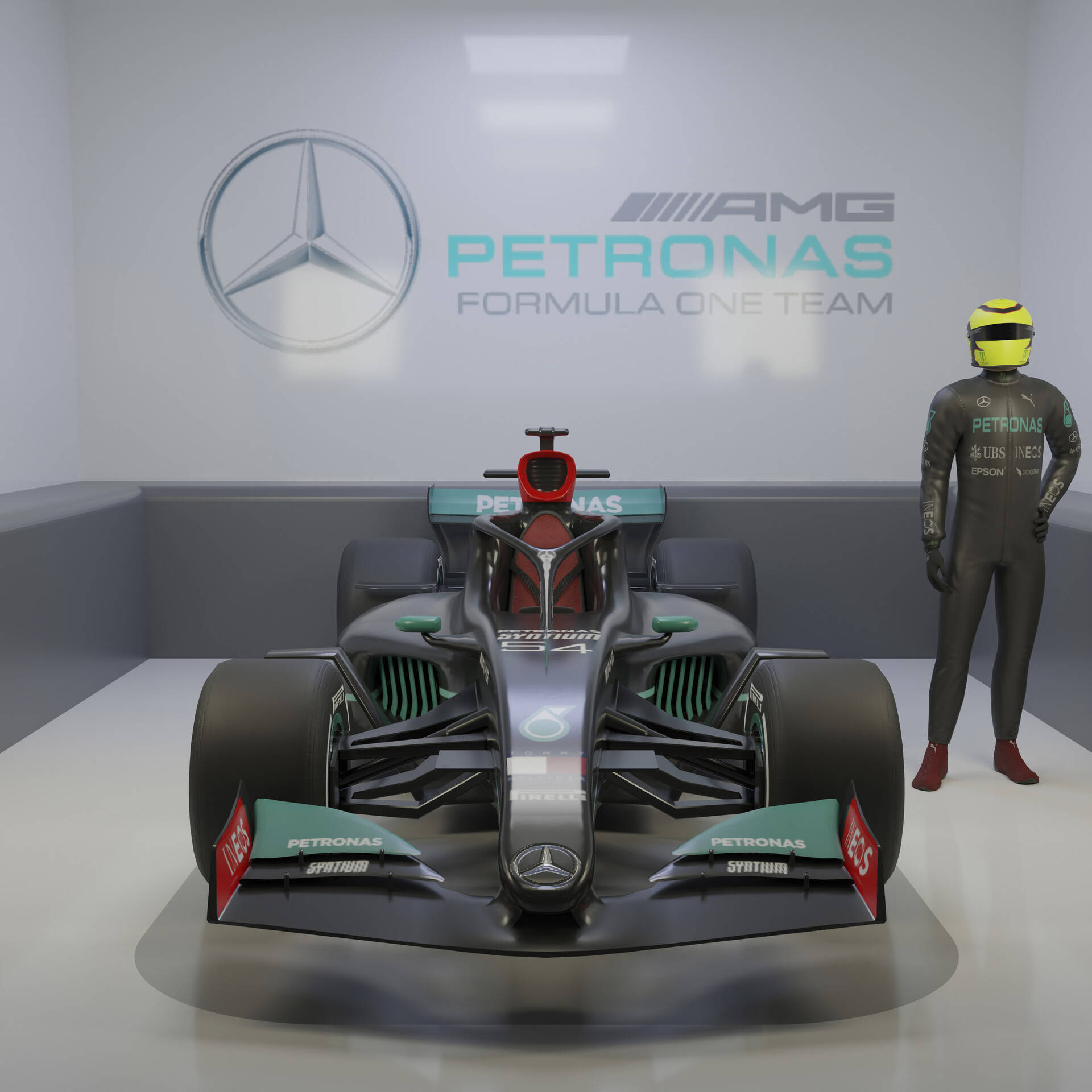桌布 壁紙 — 一架流線型的 Mercedes-AMG Petronas 一級方程式賽車在簡約的工作室中展出，旁邊有一個賽車服人體模型。