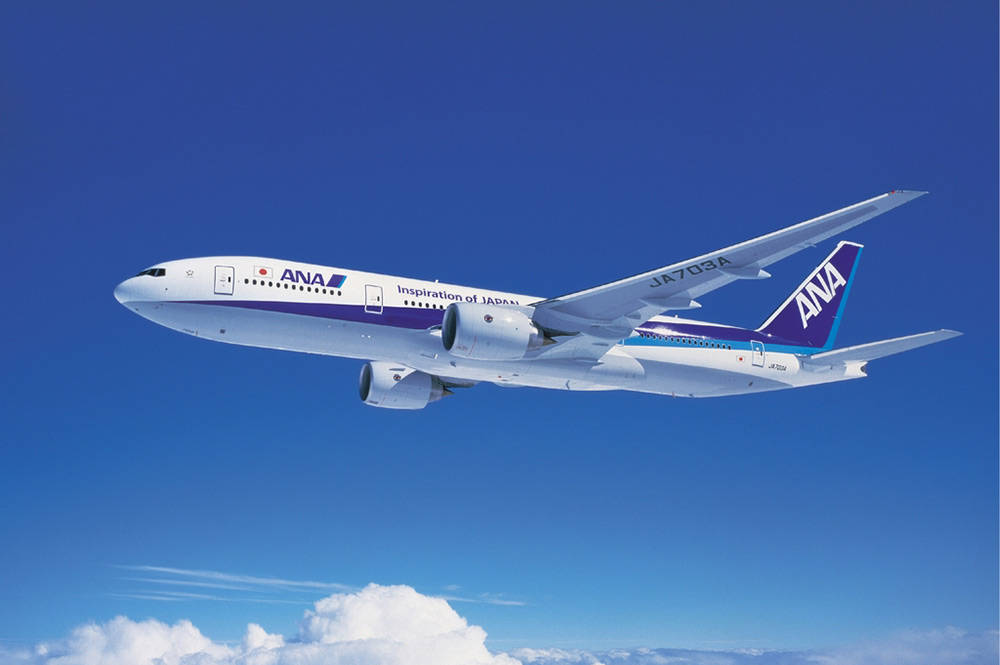 飛機 桌布 壁紙 — 一架流線型的ANA波音787在湛藍天空襯托下，優雅地翱翔於蓬鬆的白雲之上。