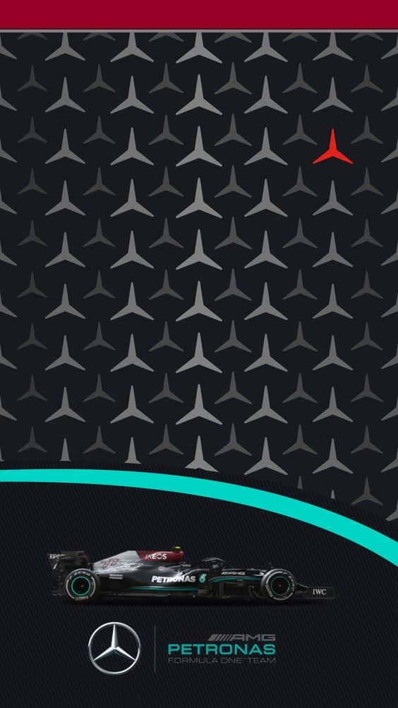 Pixel 3 Grid Autosport 桌布 壁紙 — 一架流線型的Mercedes-AMG Petronas一級方程式賽車停放在重複的銀色標誌圖案下方，圖案上方有一條青綠色曲線和一個紅色標誌。