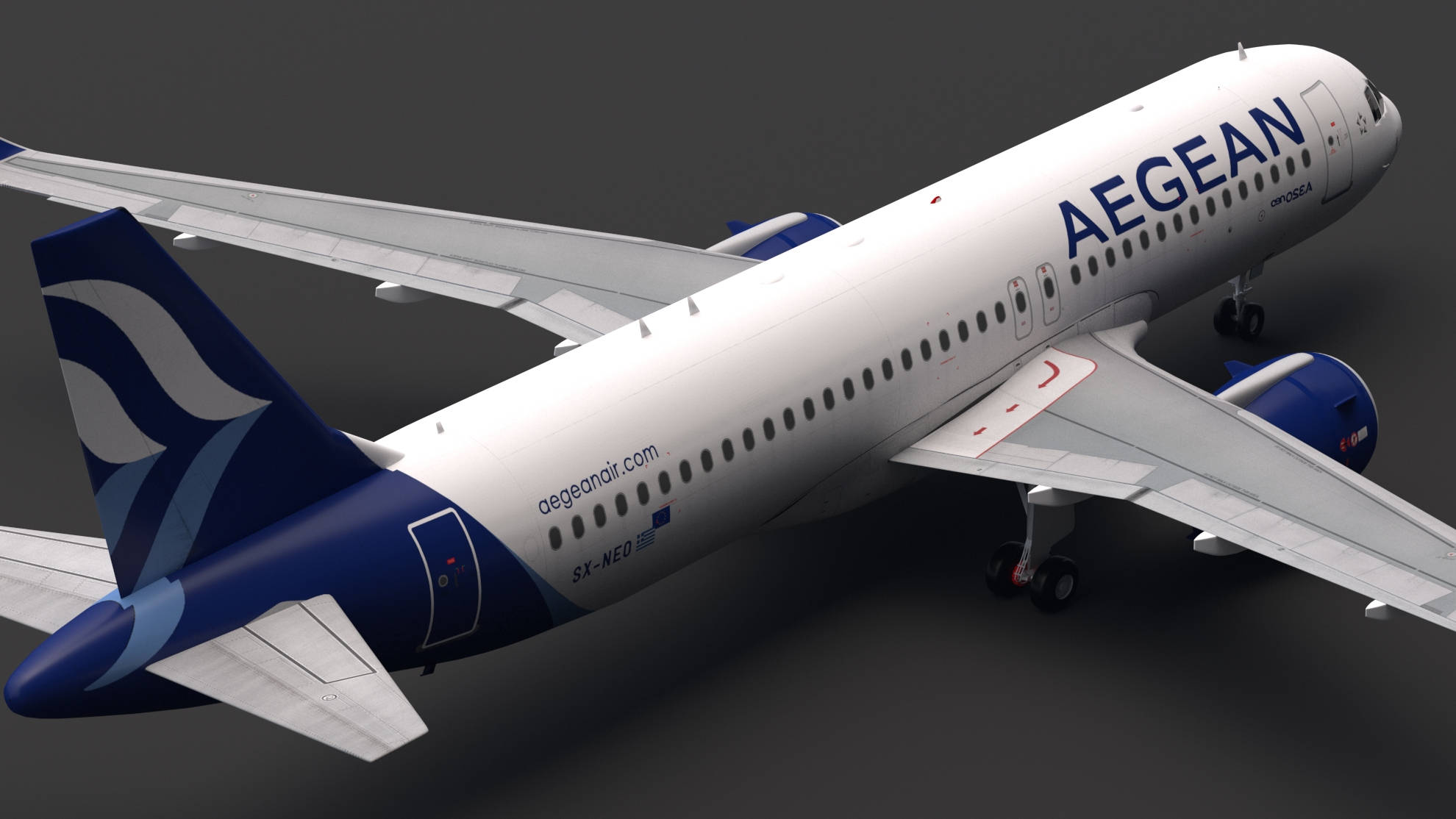 飛機 桌布 壁紙 — 一架流線型的愛琴海航空空中巴士A320neo，以3D渲染，藍白塗裝，背景為深色工作室。