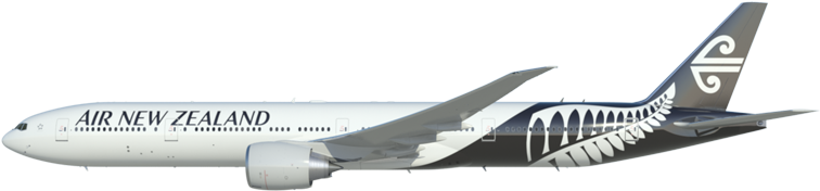 Plane 桌布 壁紙 — 一架流線型的紐西蘭航空波音777客機，銀色機身，黑色尾翼上帶有標誌性的銀色蕨類圖案。