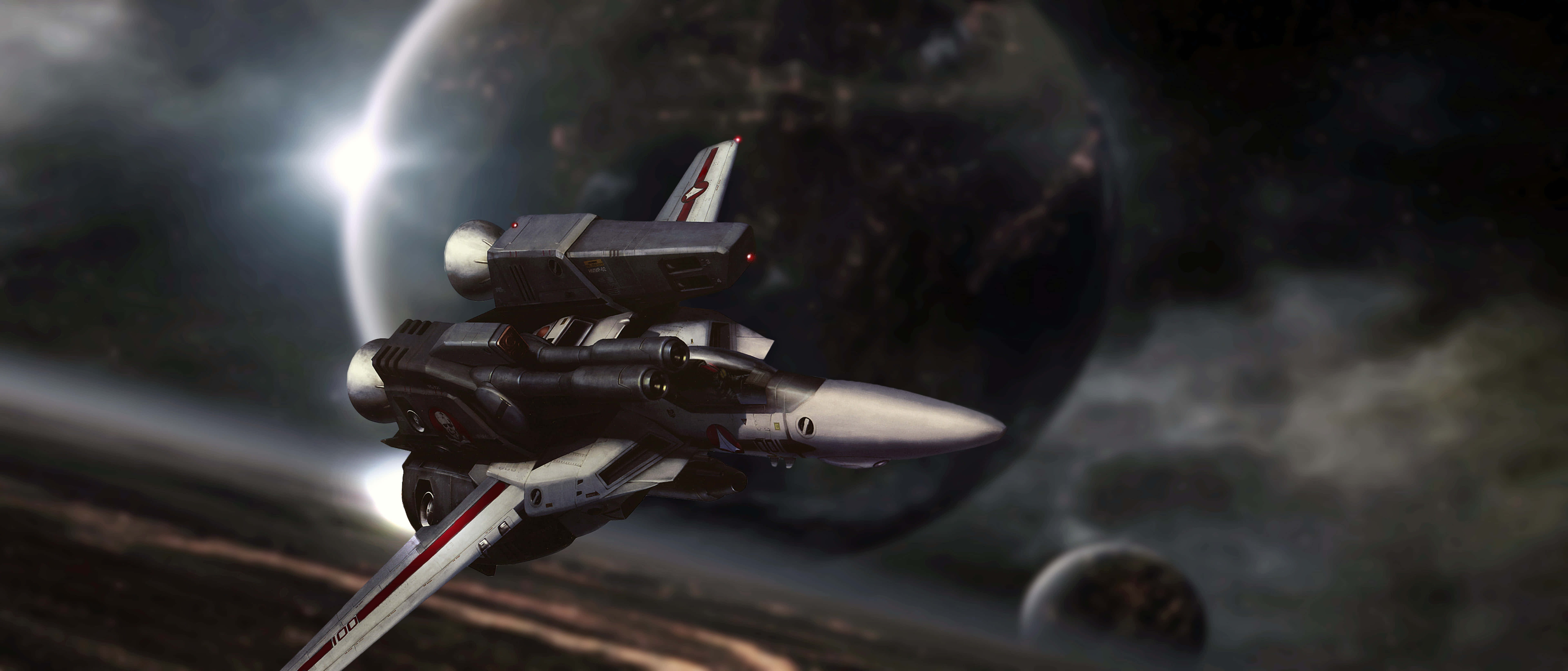 robotech 桌布 壁紙 — 一架流線型的銀色和紅色太空戰鬥機飛過一顆巨大的行星，背後有一顆明亮的星星閃耀。