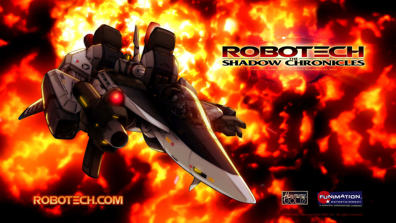 robotech 桌布 壁紙 — 一架流線型的黑白機械戰鬥機在熾熱的橙紅色爆炸背景下翱翔，散發著發光的紅色眼睛。