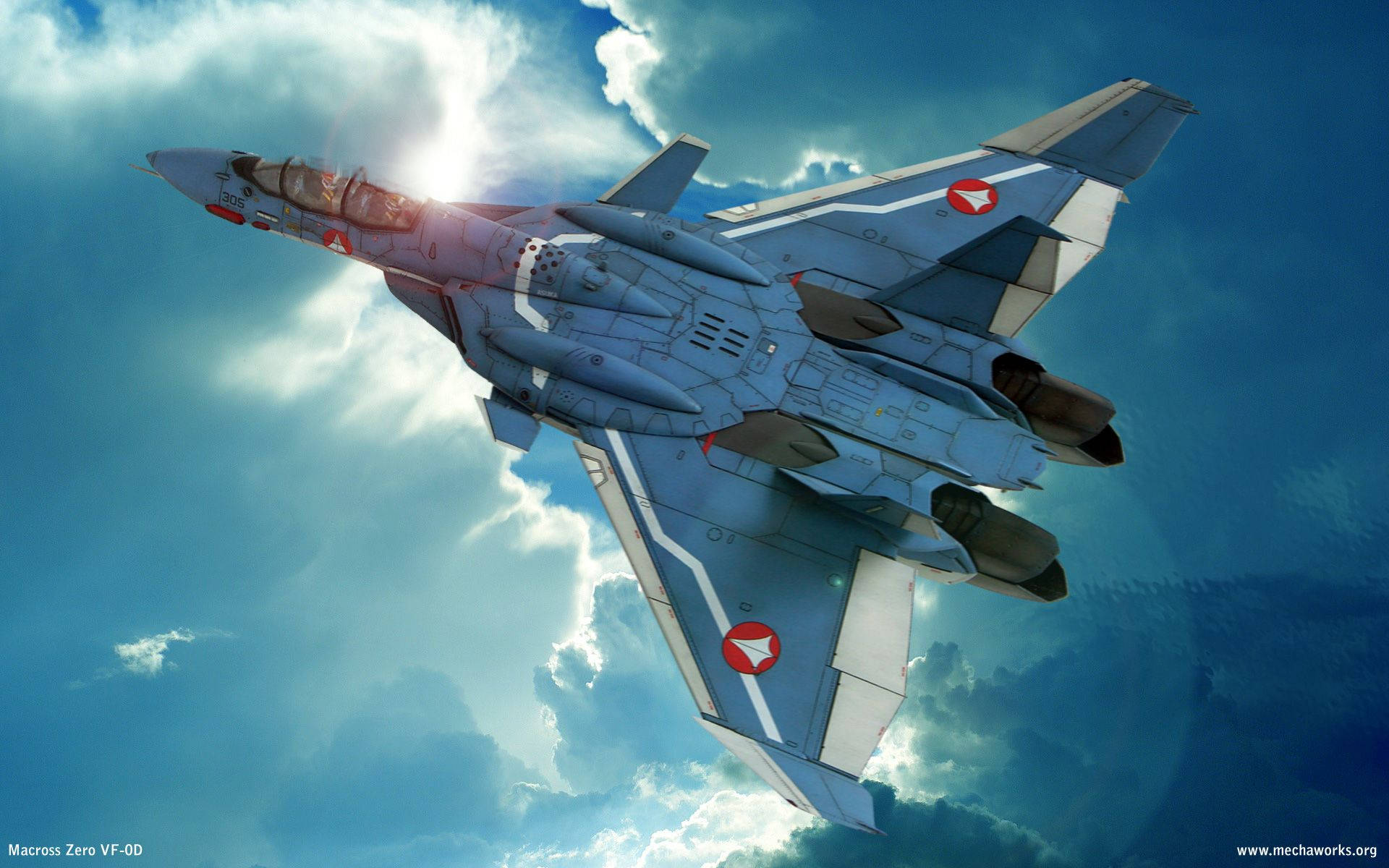 Macross 桌布 壁紙 — 一架流線型藍色戰鬥機在明亮的天空中翱翔，太陽在其機翼後方閃耀，白色雲朵在下方翻滾。
