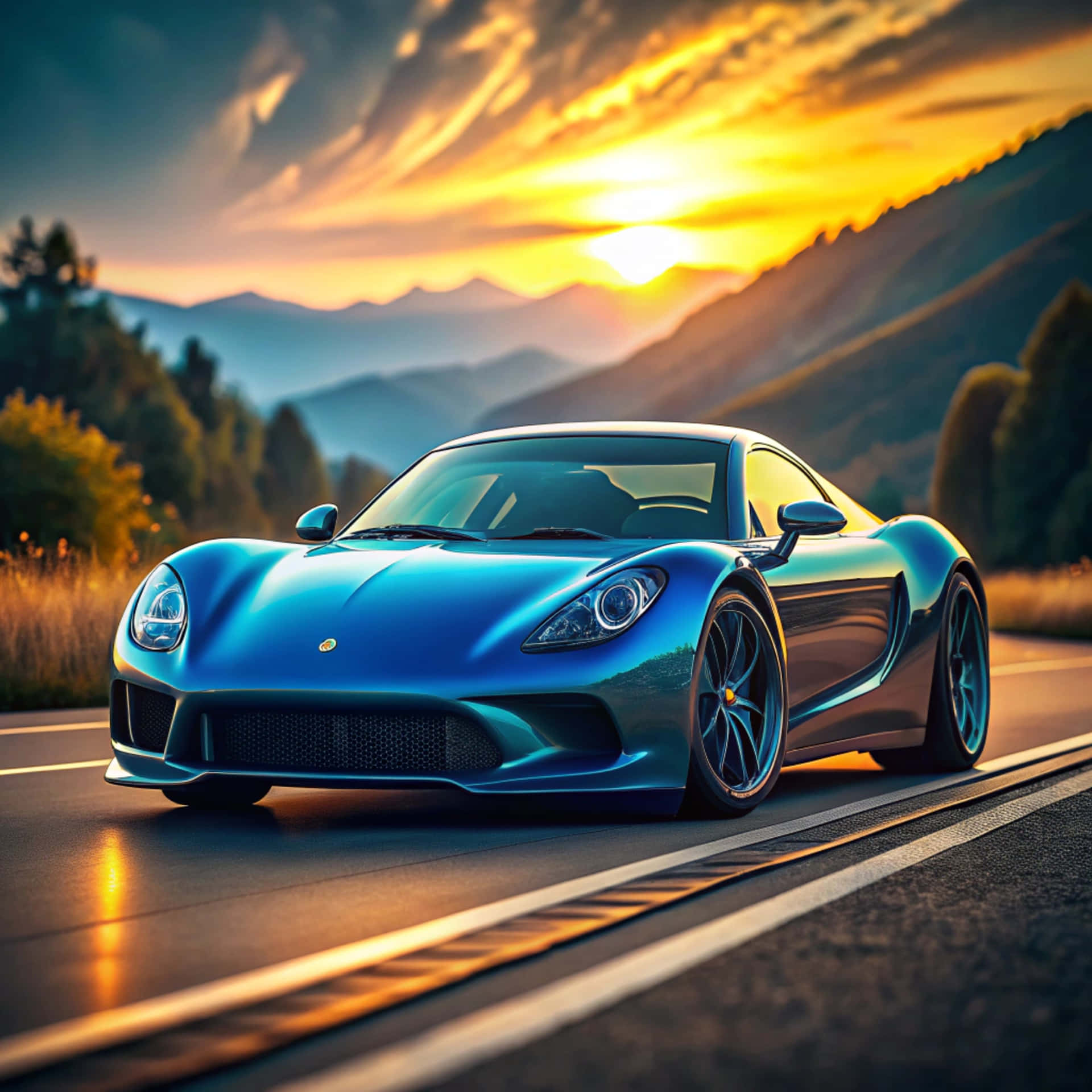 Sports car 壁紙 — 一架流線型藍色跑車沿著山路行駛，金色夕陽以溫暖色調沐浴山峰和樹木。